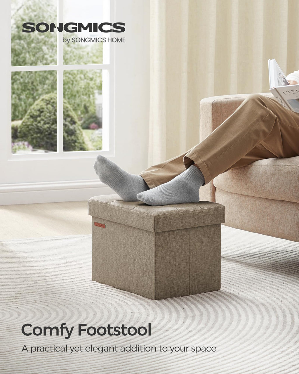 SONGMICS Small Folding Storage Ottoman, Foot Rest Stool, 31 x 41 x 31 cm, 286 kg Load Capacity, for Living Room, Bedroom, Home Office, Dorm, Light Taupe ULSF102K01