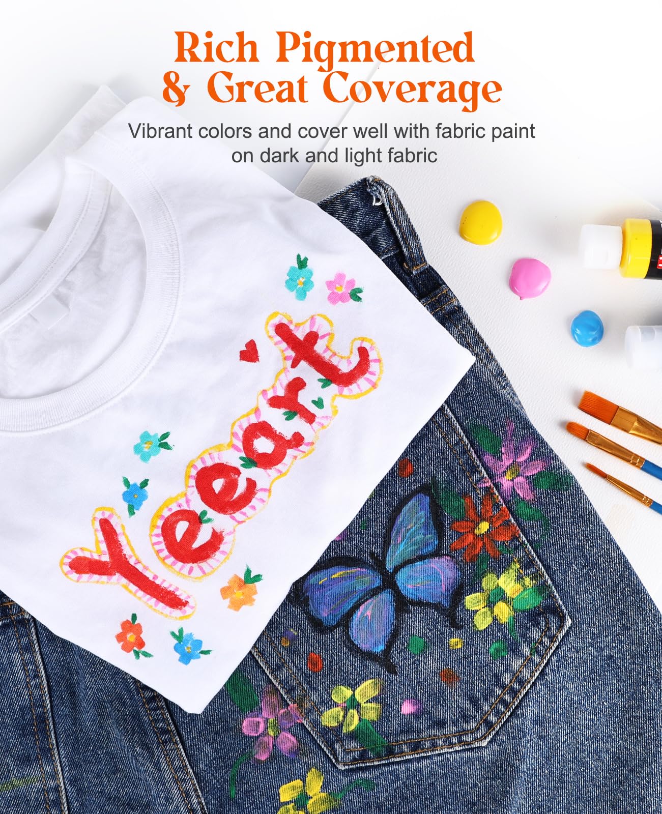 Fabric Paint, Yeeart 20 Colors Permanent Soft Fabric Paint Set for Clothes in Bottles (60ml/2oz) with 10 Brushes, Palette, Non-Toxic Textile Paint Art Supplies for Clothes, Canvas, T-Shirts, Jeans
