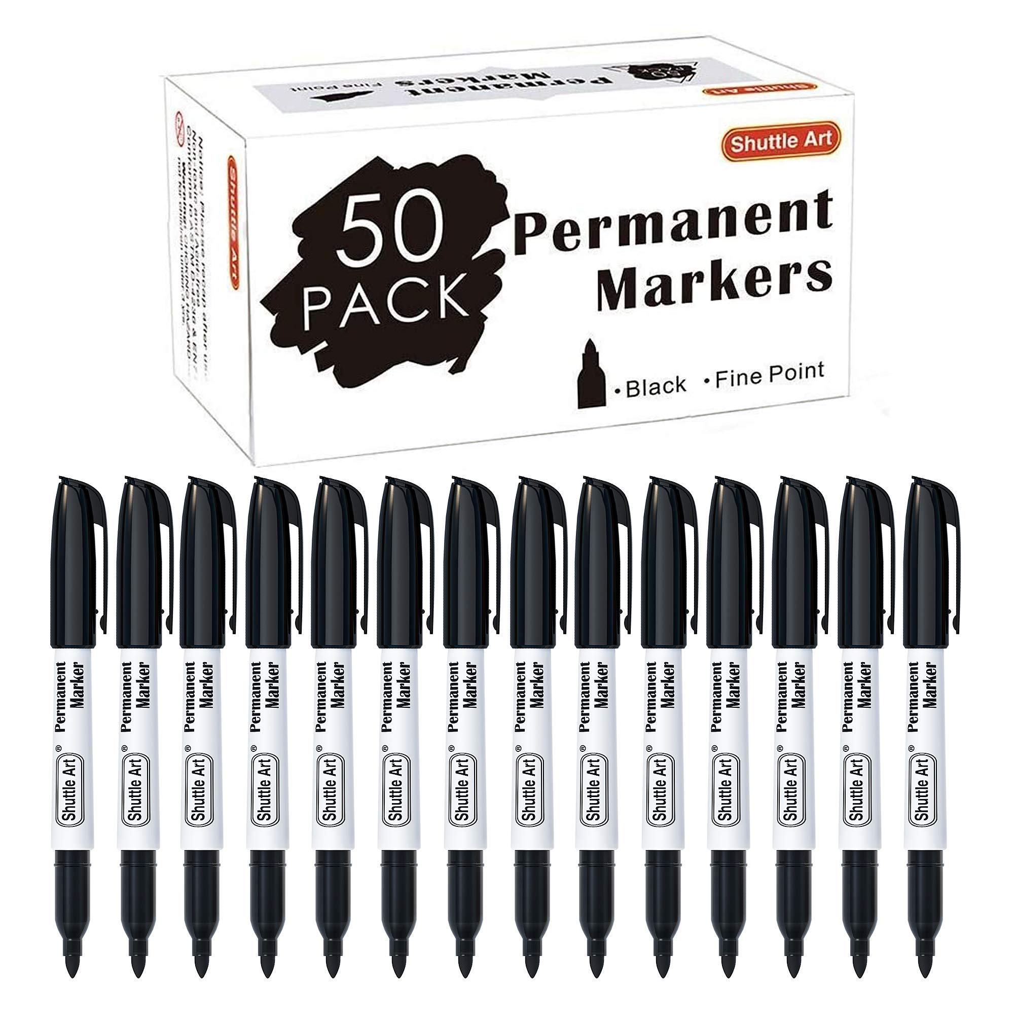 Shuttle Art Permanent Markers, 50 Pack Black Permanent Marker set,Fine Point, Works on Plastic,Wood,Stone,Metal and Glass for Doodling, Marking