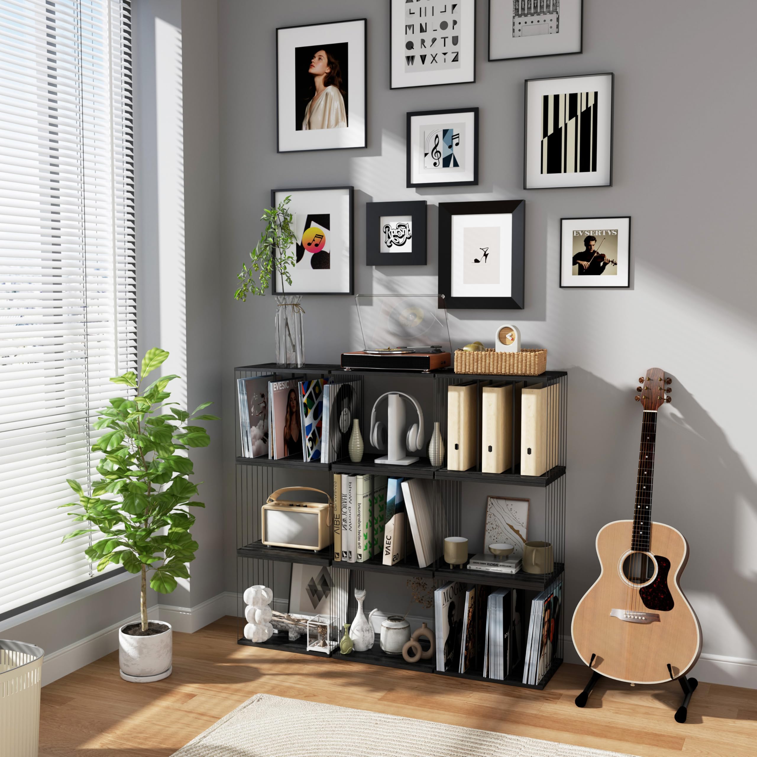 Emfogo Vinyl Record Storage, Metal & Wooden Vinyl Record Holder Up to 80 Album, 3-Compartment Record Player Stand for Magazine, Book, Files, Albums (Black)