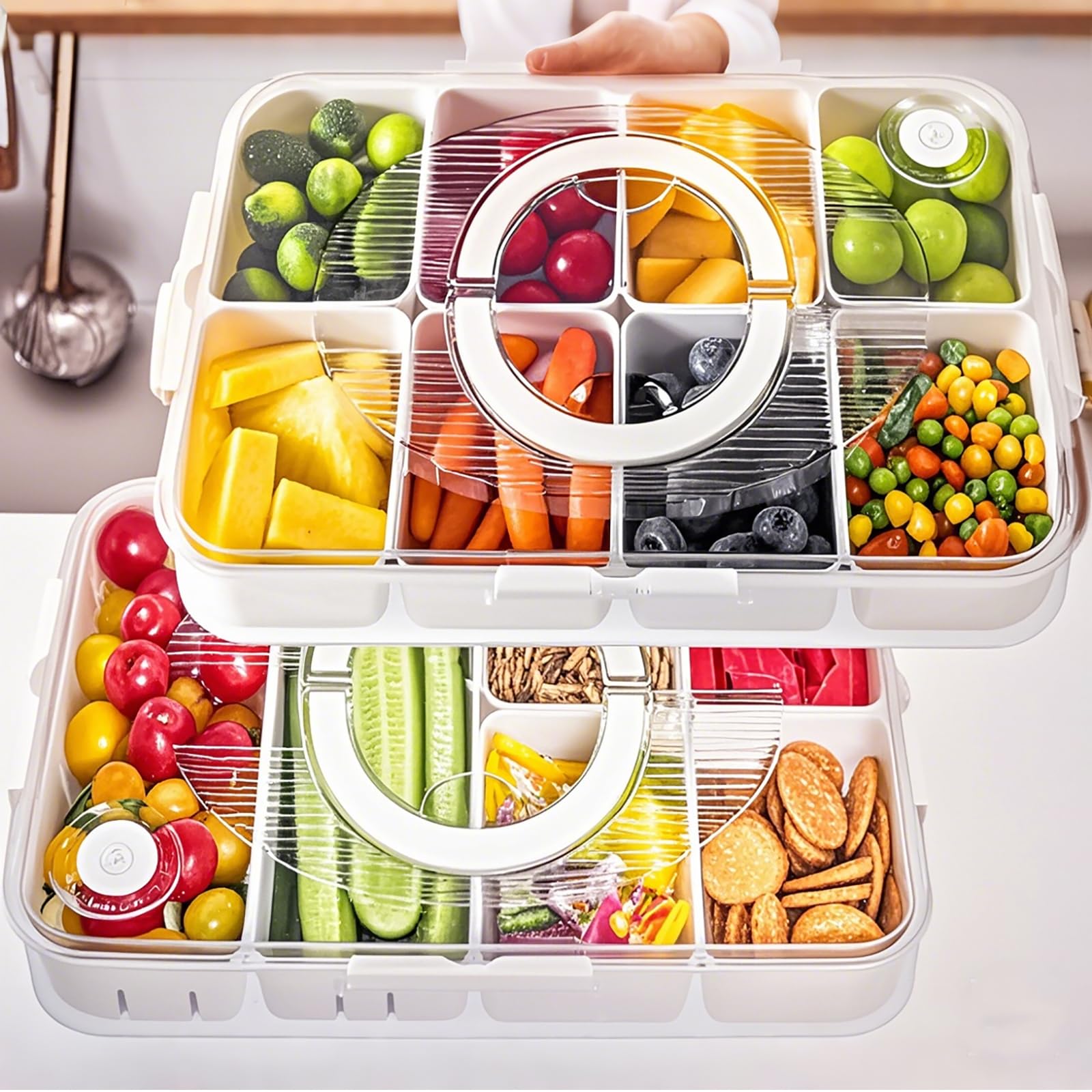 2 Pack 8 Compartment Snackle Box Container Divided Serving Tray, Luxear Snack Box Charcuterie Container with Lid and Handle,Portable Snack Platter Organizer for Candy Fruits Veggie Party Travel Picnic