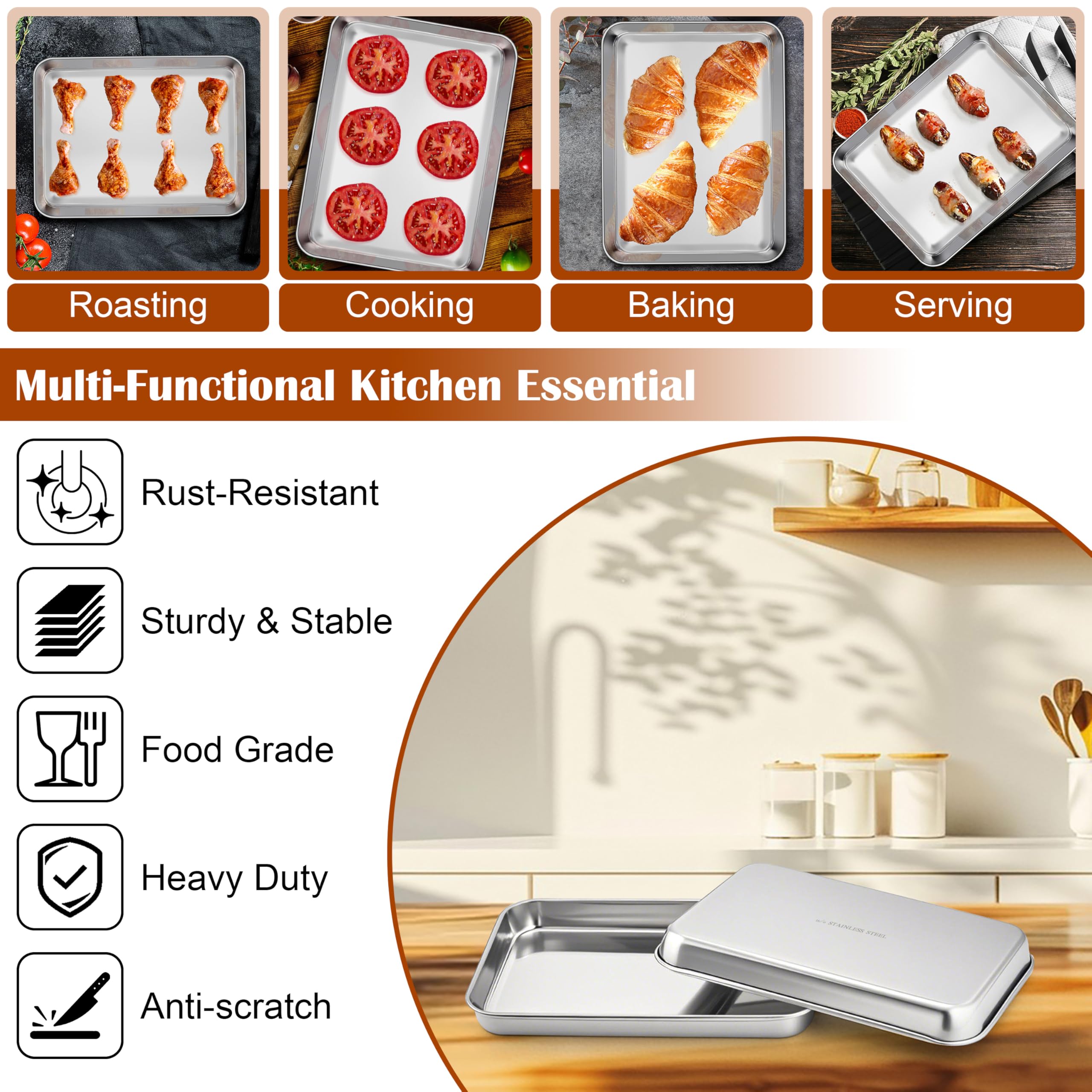 E-far Small Baking Sheet with Wire Rack (2 Pans + 2 Racks), Stainless Steel Cookie Sheets Trays & Cooling Rack for Toaster Oven, Non Toxic & Warp Resistant, Oven & Dishwasher Safe, 10.5 x 8.3 x 1 Inch