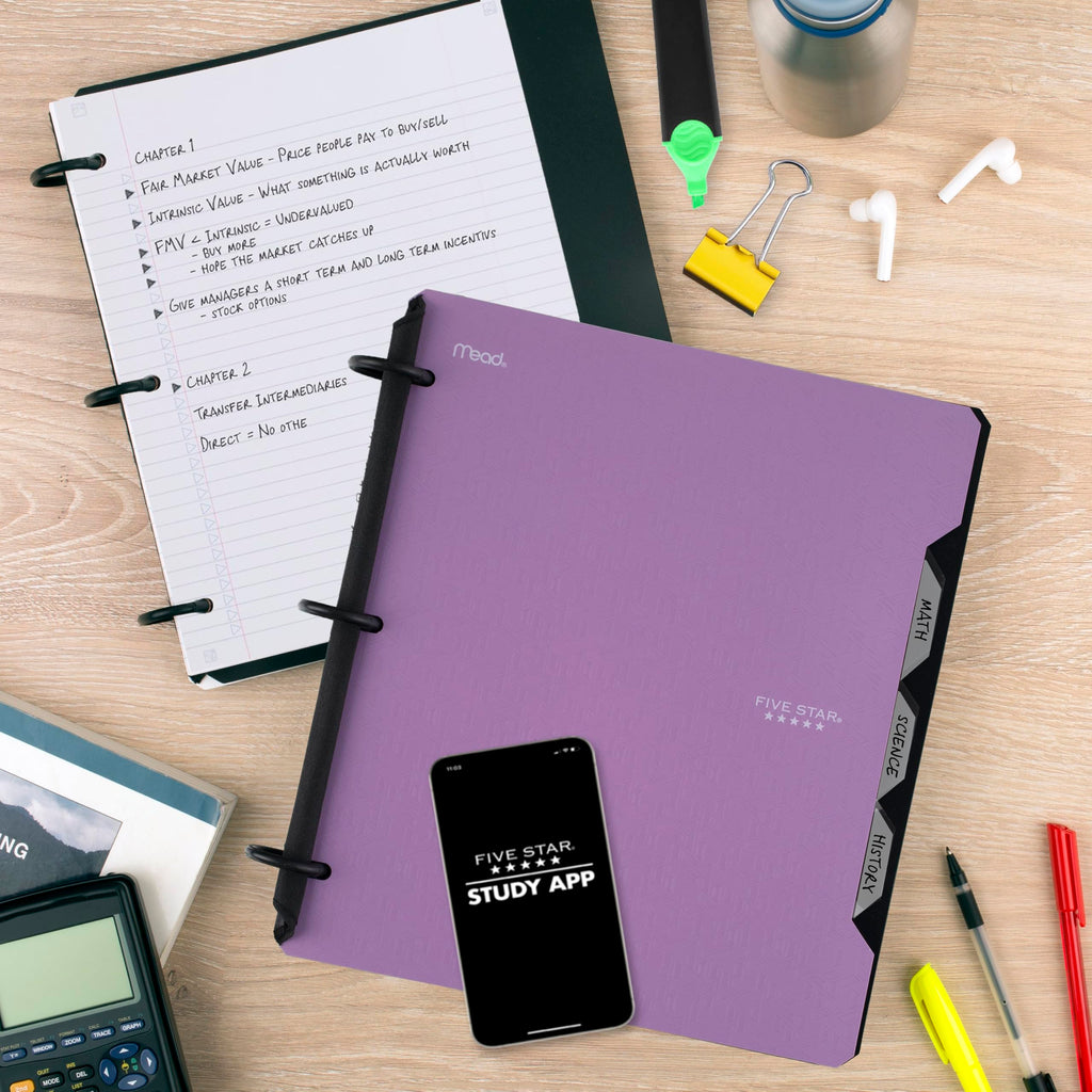 Five Star Flex Refillable Notebook + Study App, College Ruled Paper and 1 Inch TechLock Ring Binder with Pockets, Tabs and Dividers, 200 Sheet Capacity, Amethyst Purple (29328AB6)