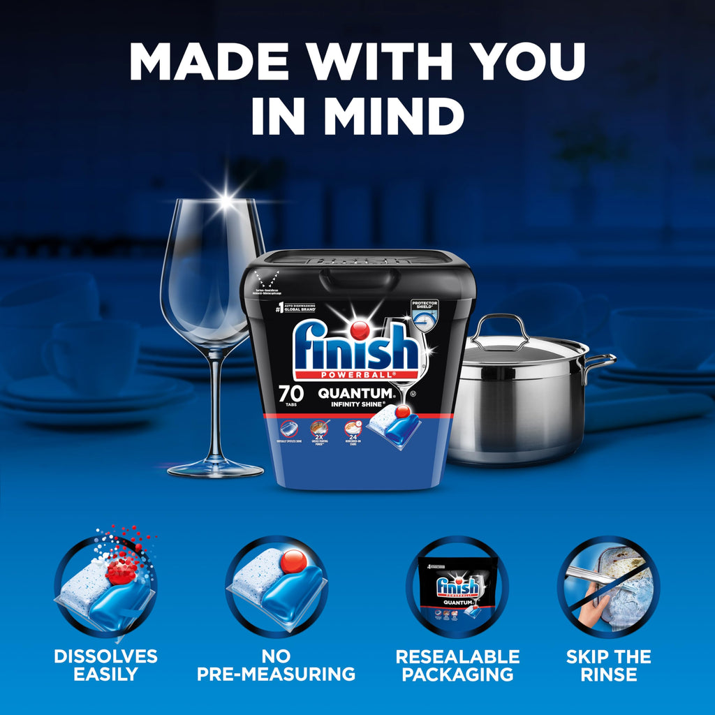 Finish® Quantum® Infinity Shine® Dishwasher Detergent Pods, 3 Chamber Formula with PowerBall, 2X Grease Fighting*, 24H Dried-On Stains, Shine Protection, No Pre-Rinse, 70 Tabs