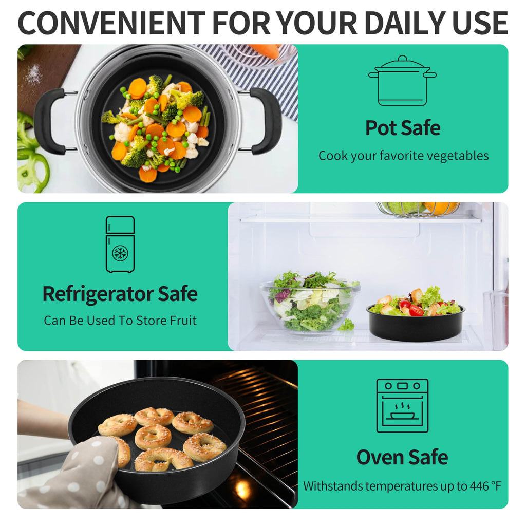 8 Inch Round Cake Pan Set, P&P CHEF 3 Piece Non-Stick Cake Baking Pans for Birthday Wedding Layer Cakes, Stainless Steel Core & One-Piece Design, Sturdy & Healthy, Black