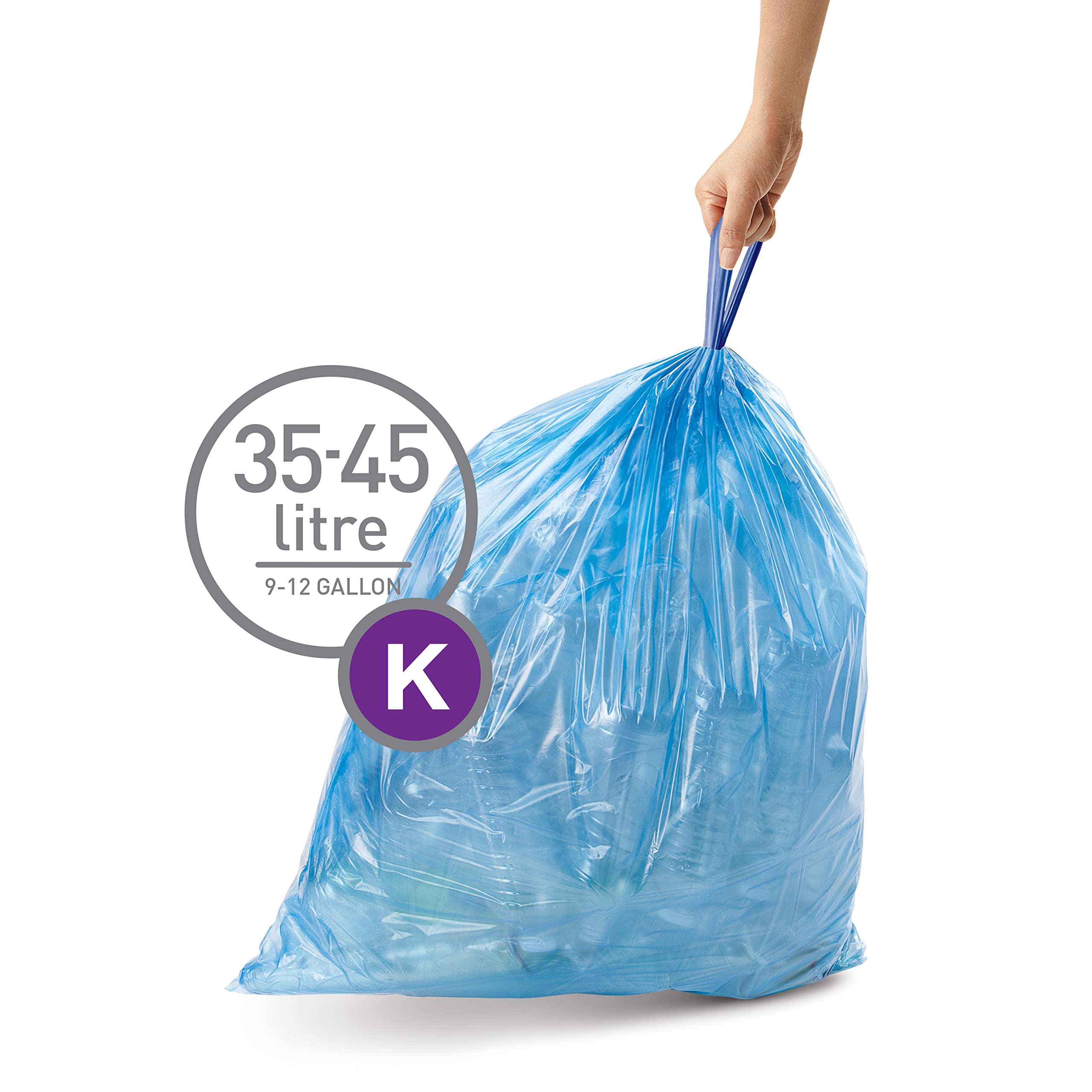 simplehuman Code K 60 Count, Dispenser Pack Custom Fit Liners, Drawstring Trash Bags, 35-45L / 9-12 Gallons, Blue