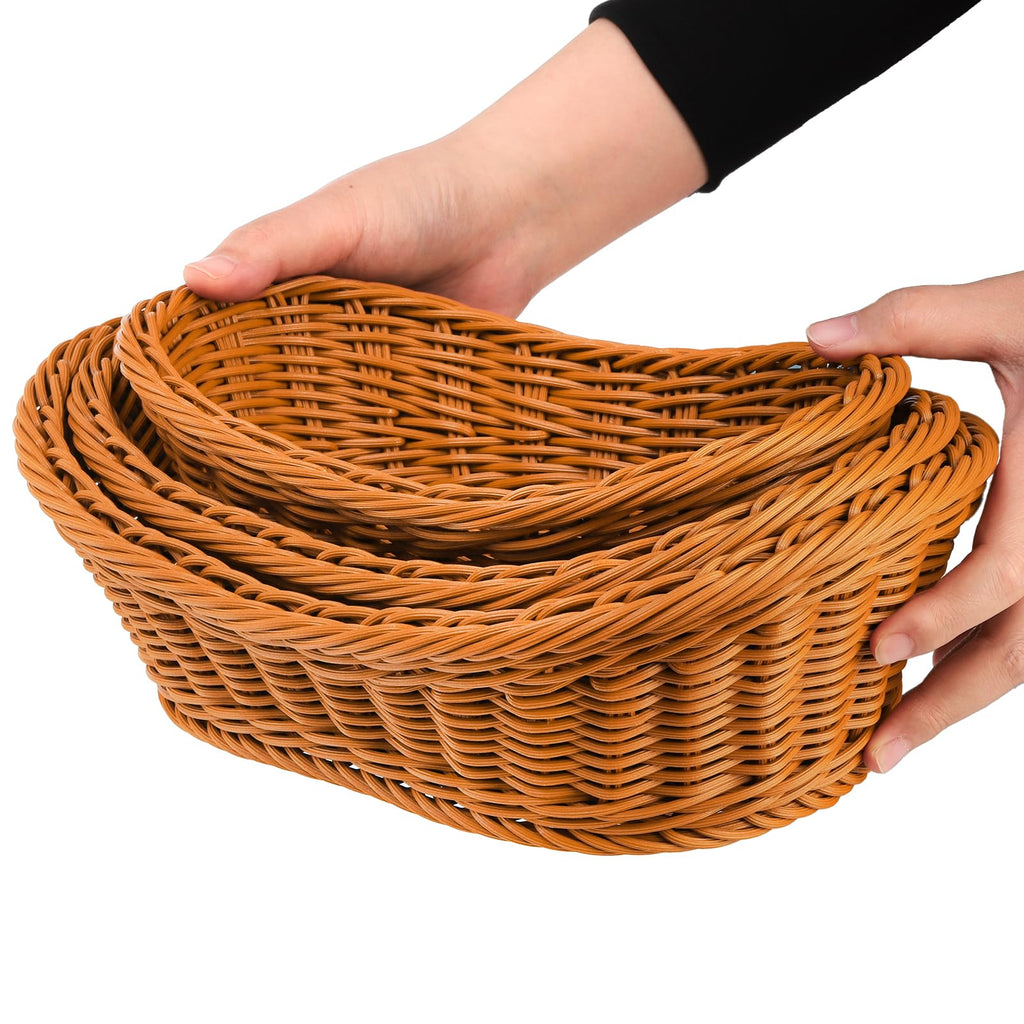 Yarlung 3 Pack Woven Breads Baskets, Oval Small Fruit Baskets Stackable Plastic Wicker Baskets for Serving Vegetables, Kitchen, Restaurant, Outdoor, Imitation Rattan Brown, 3 Sizes