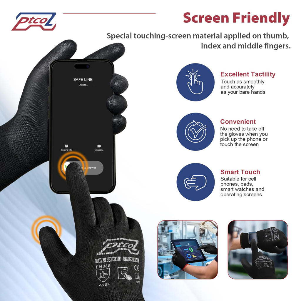 PTCOL PU Coated Work Gloves -12 Pairs Bulk Pack, Excellent Grip, Seamless Knit Nylon Safety Gloves with Polyurethane Coated for Touchscreen, Lightweight, Ideal for Light Duty Work (Large)