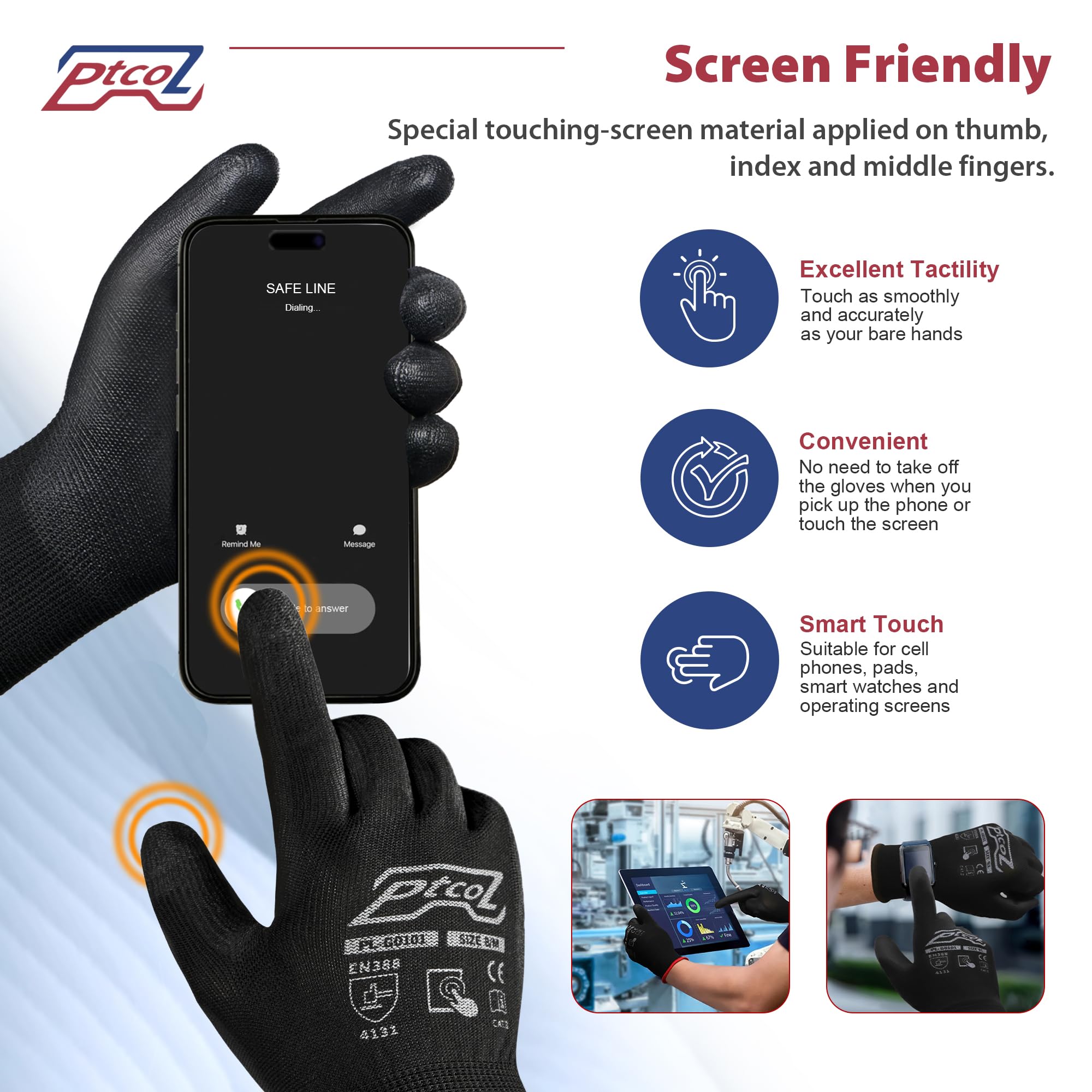 PTCOL PU Coated Work Gloves -12 Pairs Bulk Pack, Excellent Grip, Seamless Knit Nylon Safety Gloves with Polyurethane Coated for Touchscreen, Lightweight, Ideal for Light Duty Work (Large)
