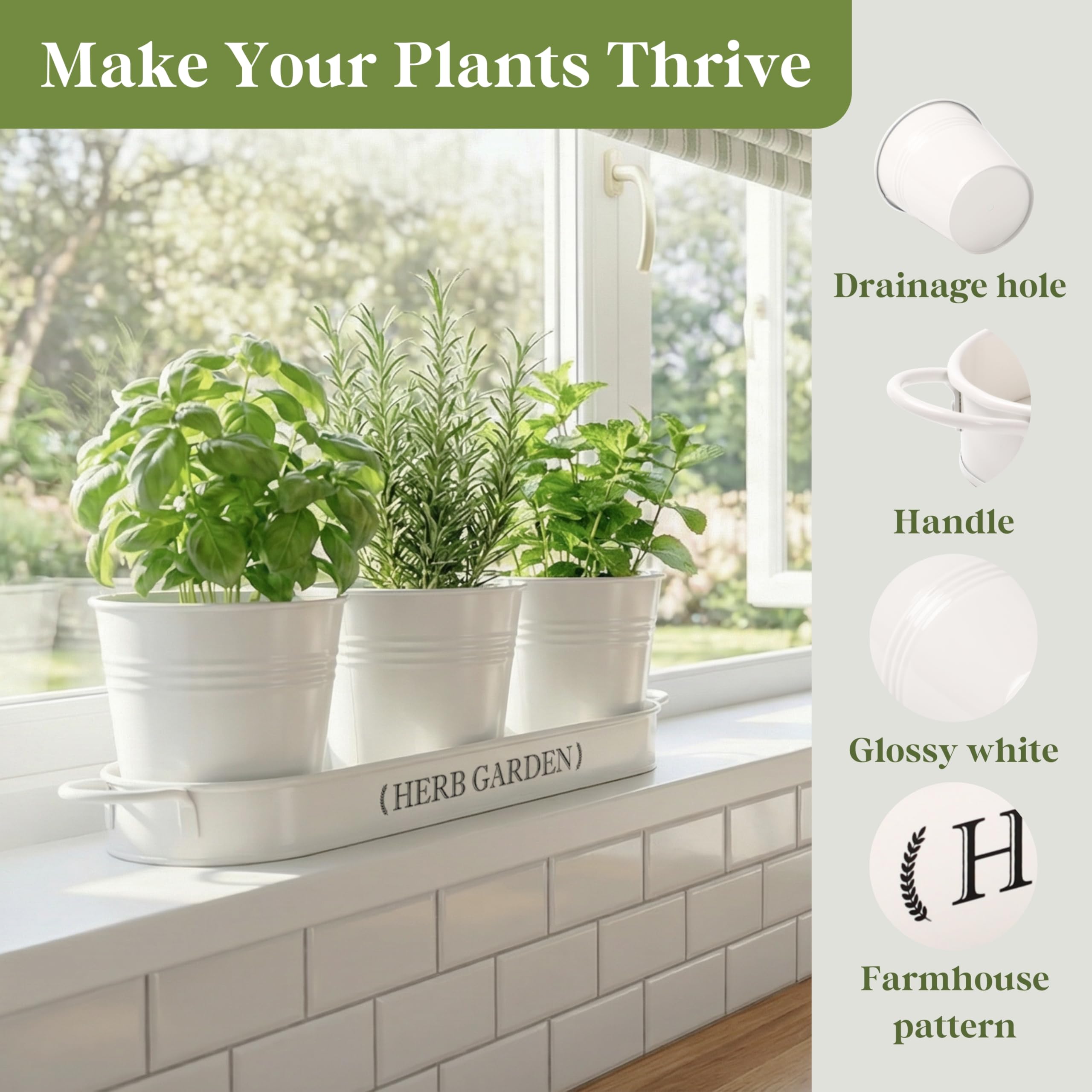 PERFNIQUE Indoor/Outdoor Herb Garden Planter, Farmhouse Plant Pots, Windowsill Garden With Tray, Window Pots for Indoor Plants (Off White)