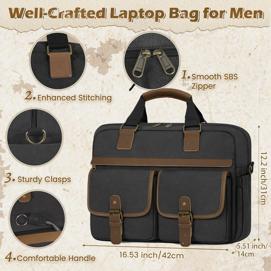 RAINSMORE Messenger Bag for Men 15.6 Inch Laptop Bag Canvas Water-Repellent Computer Bag Casual Office Work Briefcase Fashion Crossbody Shoulder Handbag