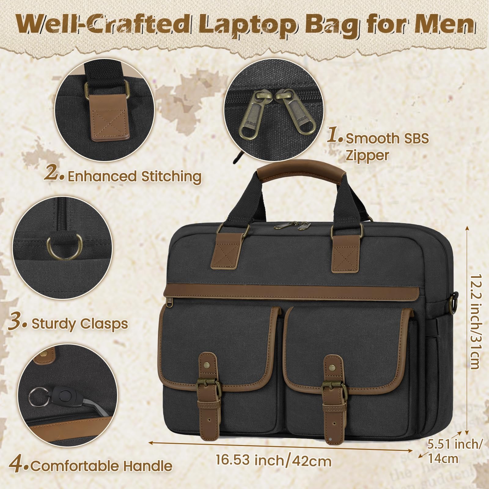 RAINSMORE Messenger Bag for Men 15.6 Inch Laptop Bag Canvas Water-Repellent Computer Bag Casual Office Work Briefcase Fashion Crossbody Shoulder Handbag
