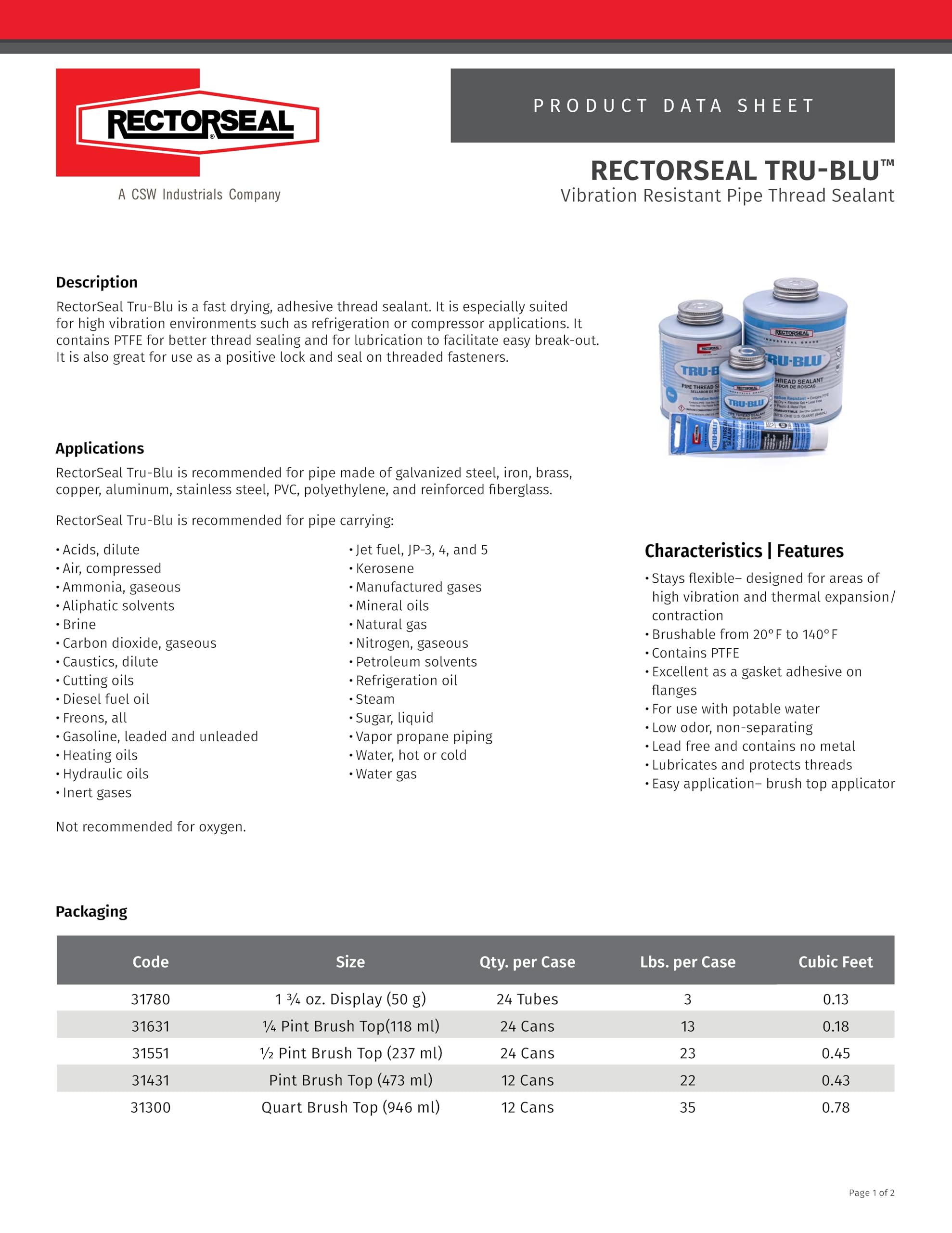 Rectorseal 31551 1/2 Pint Brush Top Tru-Blu Pipe Thread Sealant