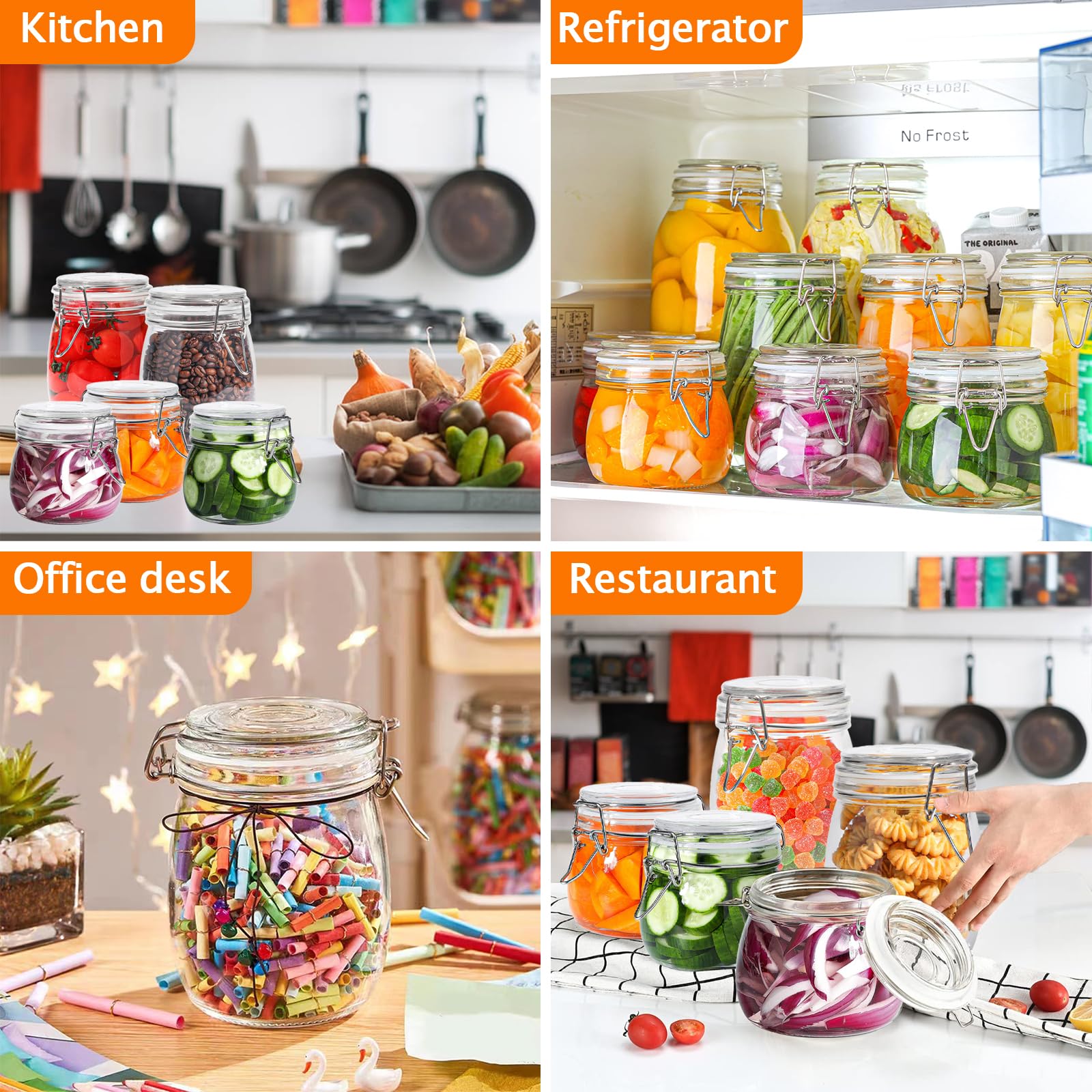 Glass Jar with Lid 25oz/750ml, 6 Pcs Round Clear Airtight Glass Jar with Stainless Steel Wire Clamp, Marker Stickers and Liquid Chalk, Food Storage Containers