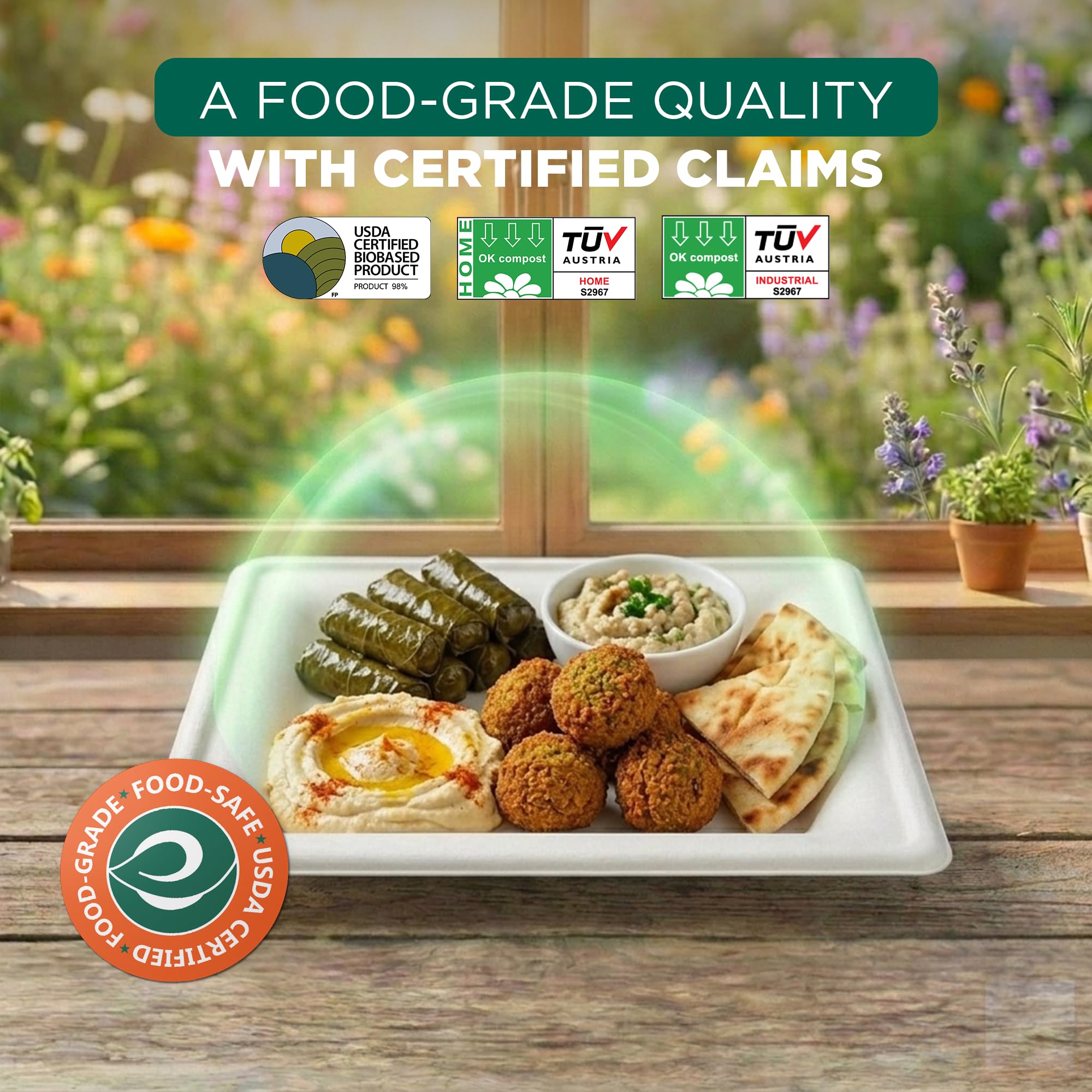 ECO SOUL 10 Inch Compostable Disposable Paper Plates [100 Pack] Food Safe 100% Virgin Bagasse Pulp Heavy Duty Biodegradable Microwave Safe Large Square Dinner Plate for Party, Picnic & BBQ (White)