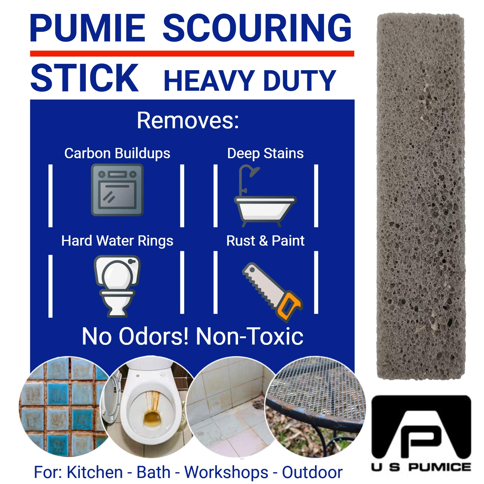 3-Pack PUMIE Pumice Stone for Toilet Bowl Cleaning, Pumice Scouring Stick for Removing Hard Water Rings, Buildups, Rust, Tough Stains on Toilet Bowl, Bathtub, Pool, Kitchen Sinks, Grill, Tiles Surface