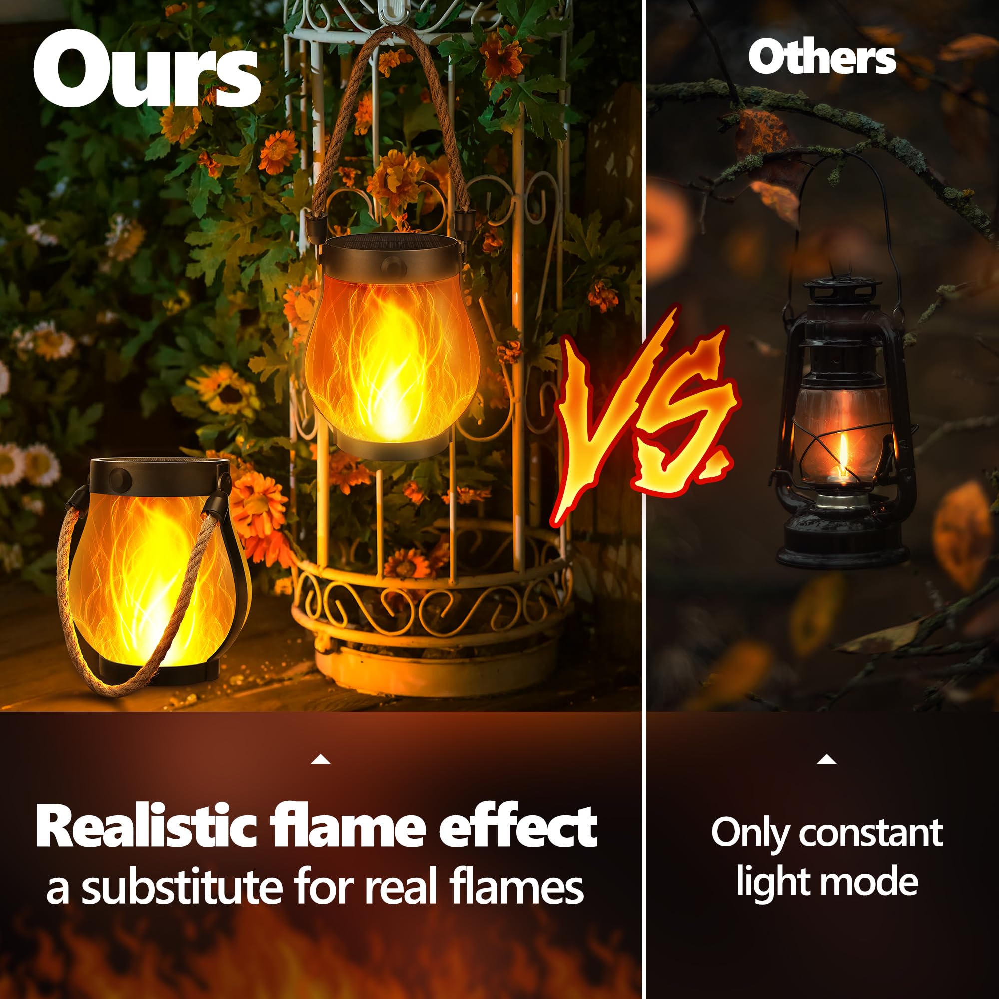 iBaycon 1 Pack Solar Lanterns Lights, Halloween Flickering Flame Garden Lights with 2 Modes Dual Charging USB & Solar, Outdoor Waterproof Hanging Lantern for Party Holiday Halloween Decor (Warm White)