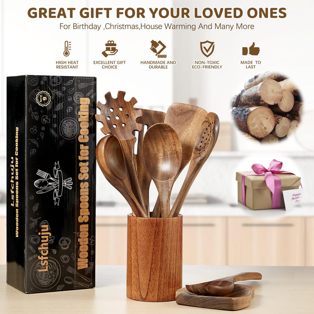 LSFCHUJU Wooden Spoons for Cooking - 10 Piece Natural Teak Wood Kitchen Utensil Set, Wooden Spoons Set with Holder, Spoon Rest & Hooks, Wooden Spatula Set with 7 Metal Hooks