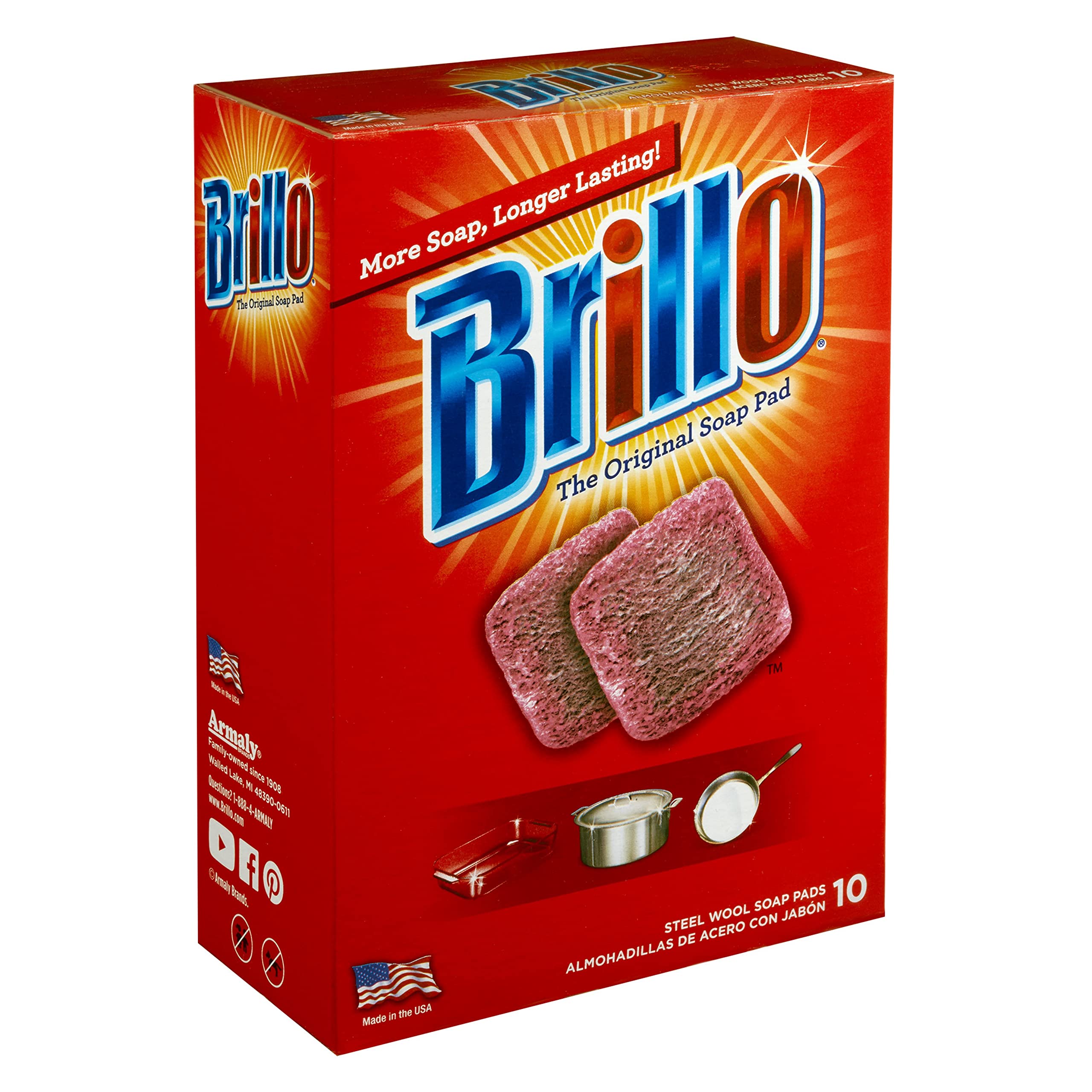 Brillo Steel Wool Soap Pads, Long Lasting, Original Red Scent Cleaning (10 Count, Pack of 1)
