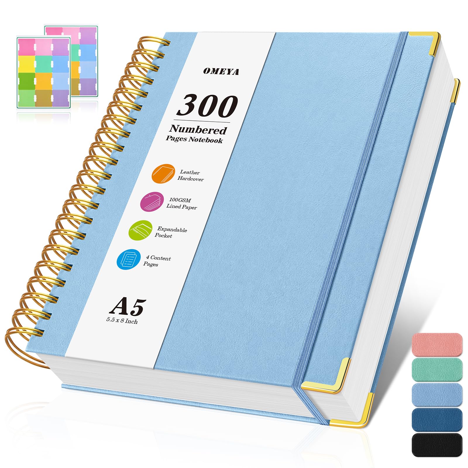 Spiral Notebook, 300 Numbered Pages Notebooks College Ruled with Contens, 100GSM Thick Journal for Women Men, Hardcover Leather Lined Journal for Writing, Large A5 Journaling Notebooks for Work School