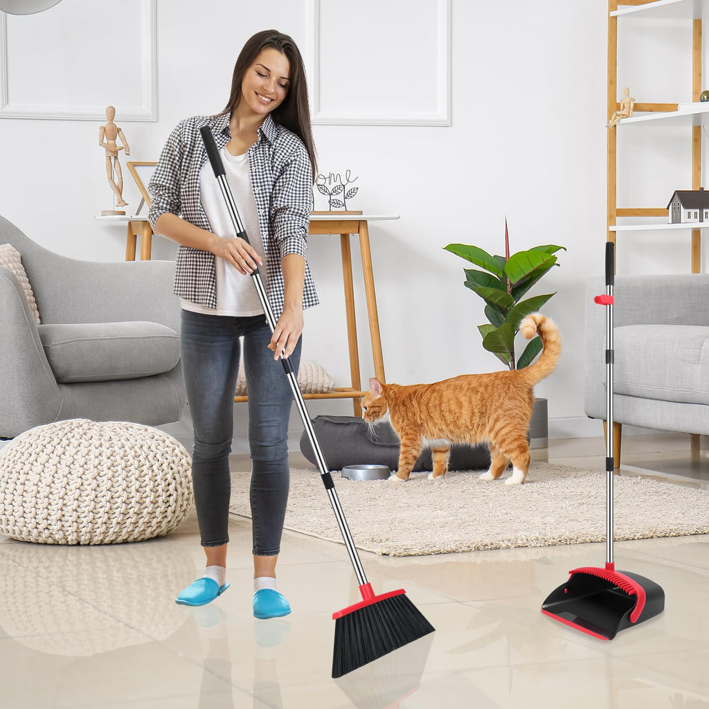 Broom and Dustpan Set, 52-in Long Adjustable Handle Broom Dustpan Combo with Dustpan Teeth to Automatically Clean Hair Suitable for Home Kitchen Office Hall Floor（Black&Red）