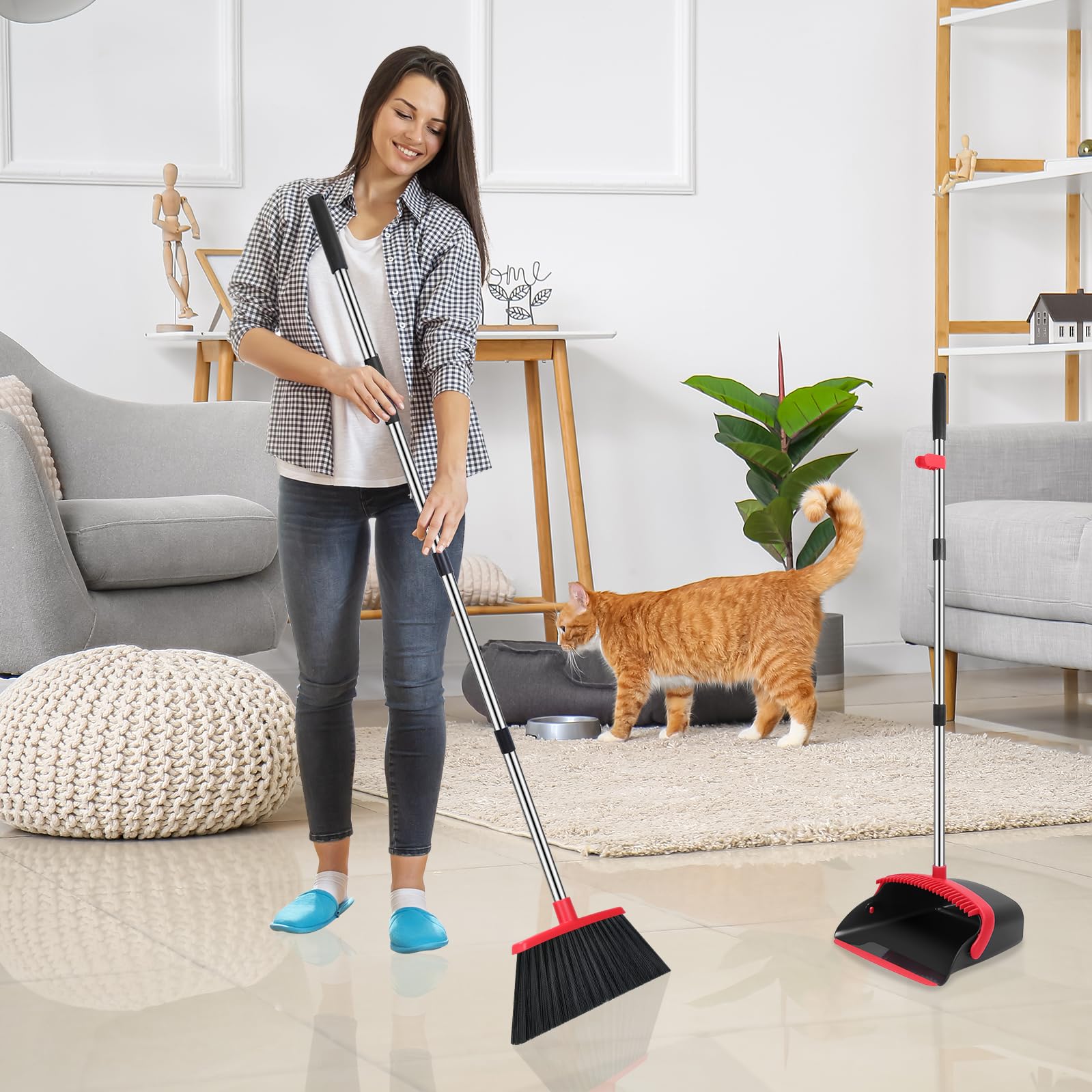 Broom and Dustpan Set, 52-in Long Adjustable Handle Broom Dustpan Combo with Dustpan Teeth to Automatically Clean Hair Suitable for Home Kitchen Office Hall Floor（Black&Red）