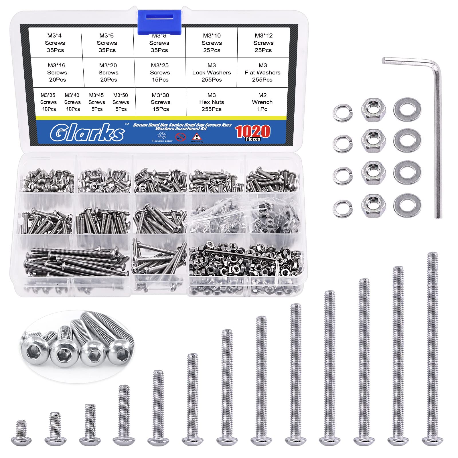 Glarks 1021Pcs M3 Button Head Screws 304 Stainless Steel Hex Socket Cap Screws Bolts and Nuts Washers Assortment Kit with Hex Wrench for Machinery Furniture Car Repair