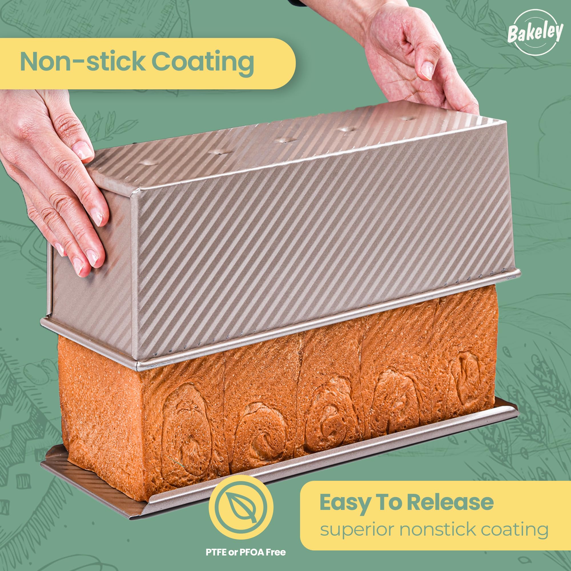 Bakeley Commercial Pullman Loaf Pan with Lid, 2.2Lb Dough Capacity Non-Stick Rectangle Corrugated Carbon Steel Bread Toast Mold with Cover for Baking Bread (Champagne Gold)