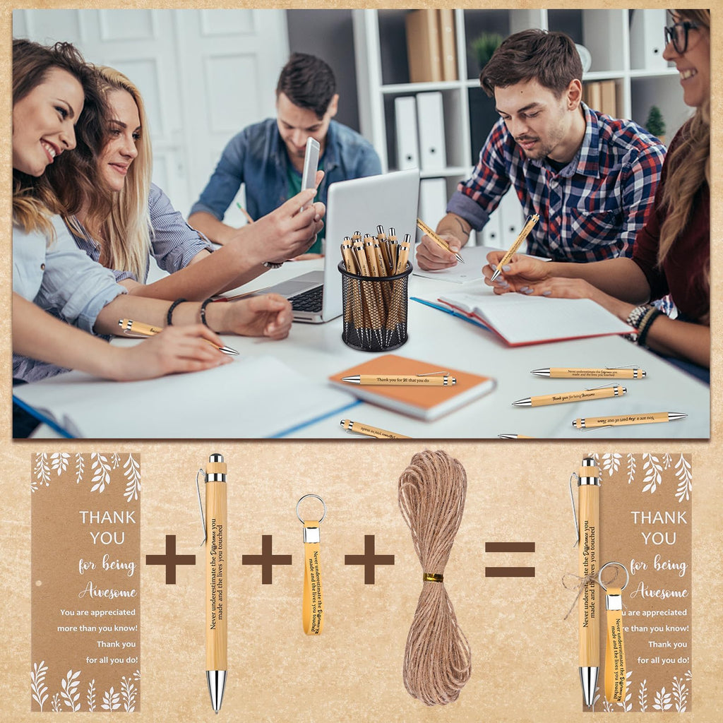 60 Pcs Employee Appreciation Gifts Inspirational Bamboo Ballpoint Pens Bulk Thank you Quotes Cards Silicone Keychain with Twine for Colleagues Teacher Team Volunteer Supplies (Wood Color)