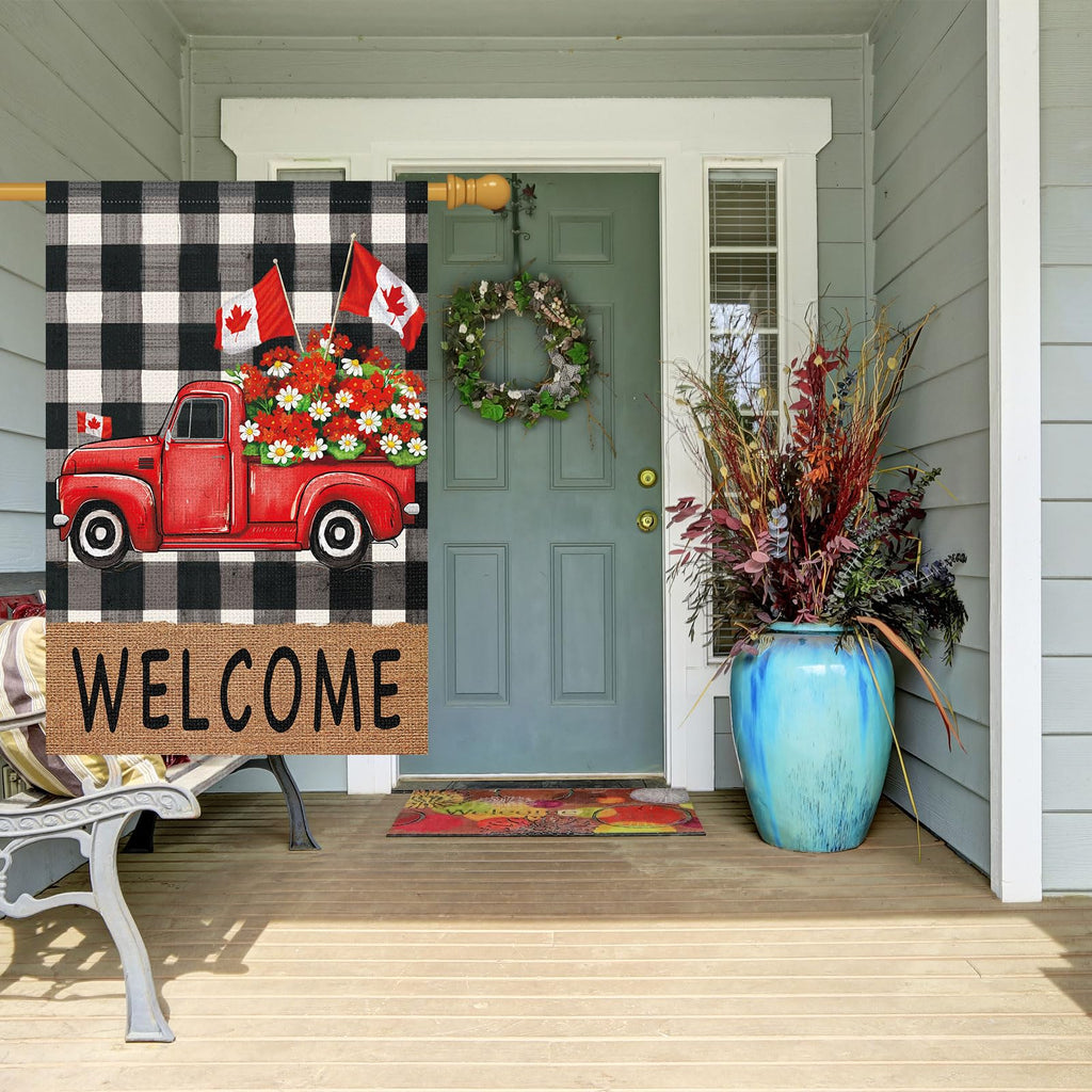 Louise Maelys Patriotic Spring Garden Flag 28x40 Double Sided Vertical, Burlap Small Red Truck Floral Farmhouse Yard House Outside Outdoor House Canadian Flag Day Decoration (ONLY FLAG)