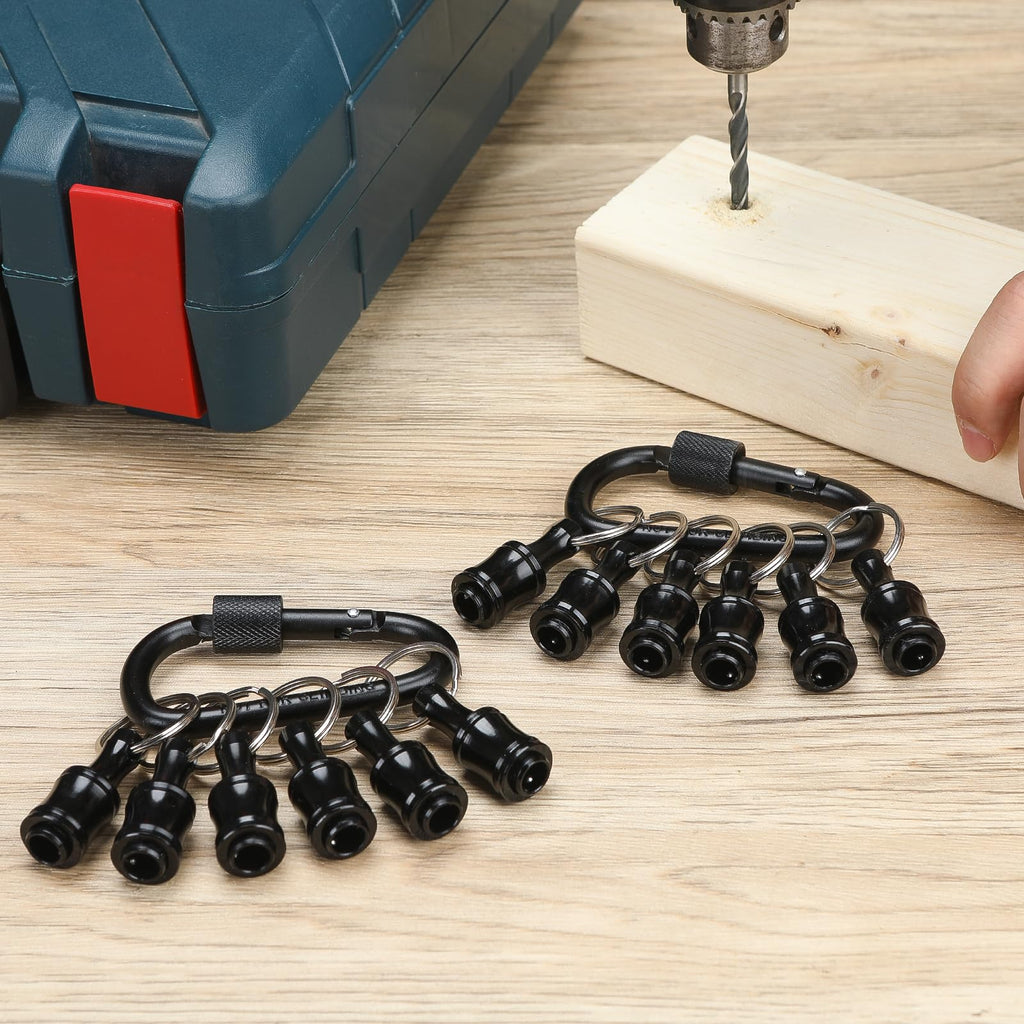 Upgrade 12 Pcs Bit Holder Keychain with 2 Black Carabiner, 1/4 Inch Hex Shank Screwdriver Bits Holder, Screw Adapter Quick Release Hand-Held Impact Socket Holder for Electric Screwdrivers (Black-2set)