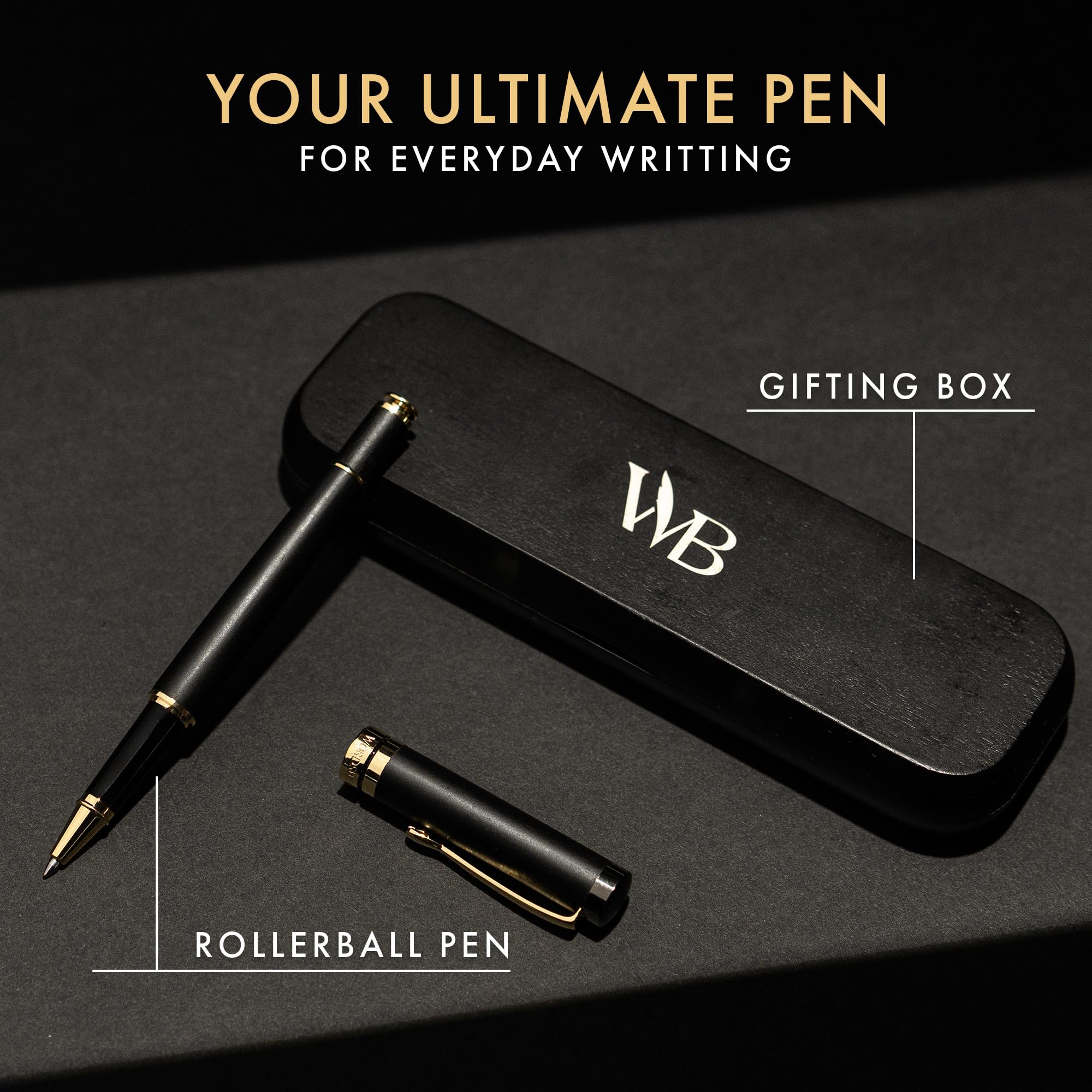 Wordsworth and Black Rollerball Pen-Stunning Luxury Pen Bamboo Blackwood Gold Finish, Refillable, Best Roller Ball Gift Set Pen for Men & Women, Ink Refill, Point Office Pens for Writing