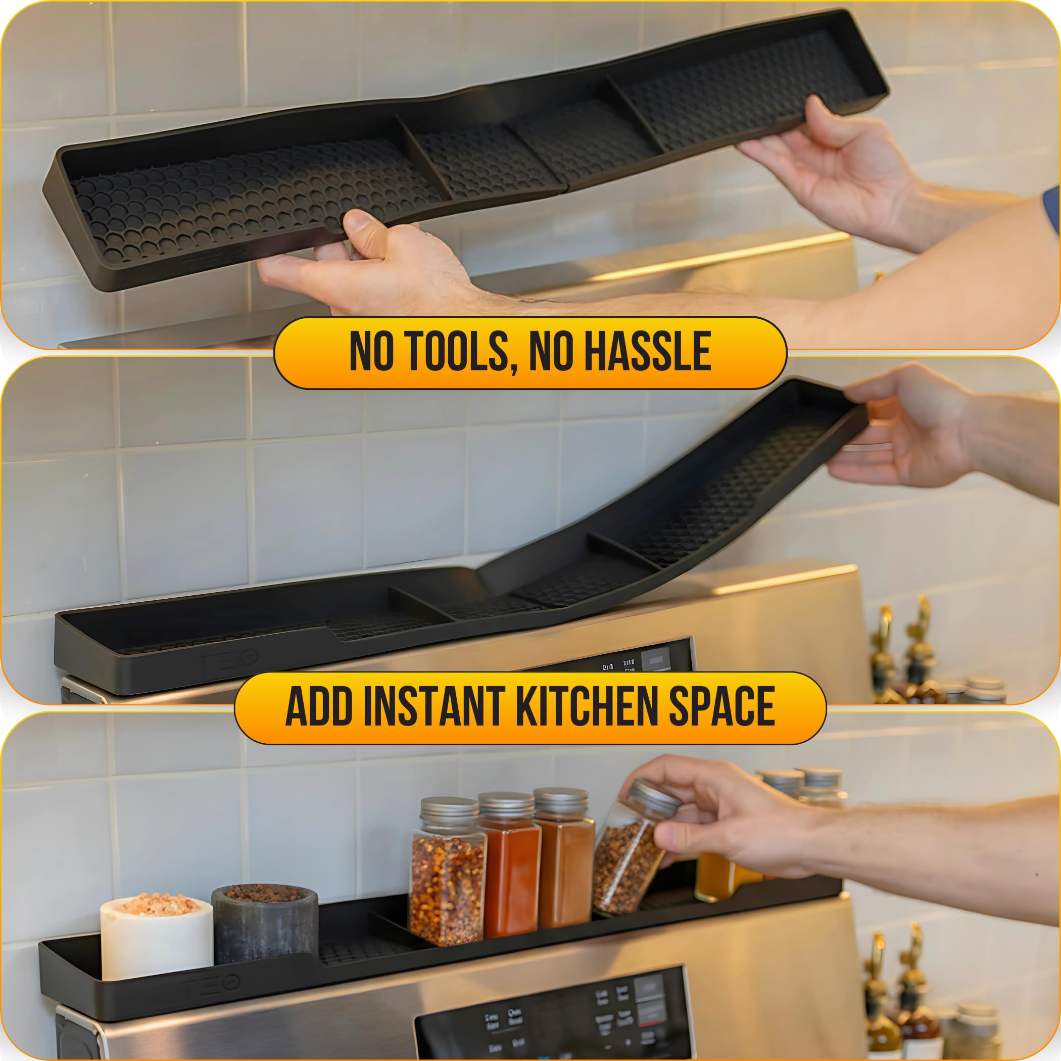 TEO Magnetic Stove Top Shelf - 30 Inch Silicone Over the Stove Spice Rack for Kitchen Gadgets Storage Organization, Heat-Resistant, No Installation, Dishwasher Safe, Over Oven Shelf Black