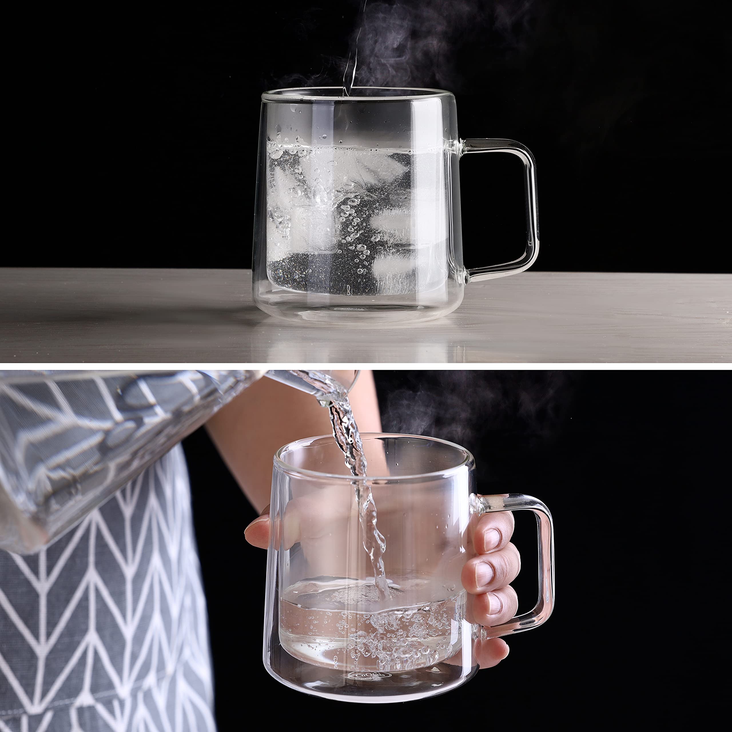 CNGLASS 10oz Glass Coffee Mugs,Double Wall Insulated Glass Cups with Handle,Clear Espresso Mugs for Latte,Cappuccino,Tea Bag,Set of 2