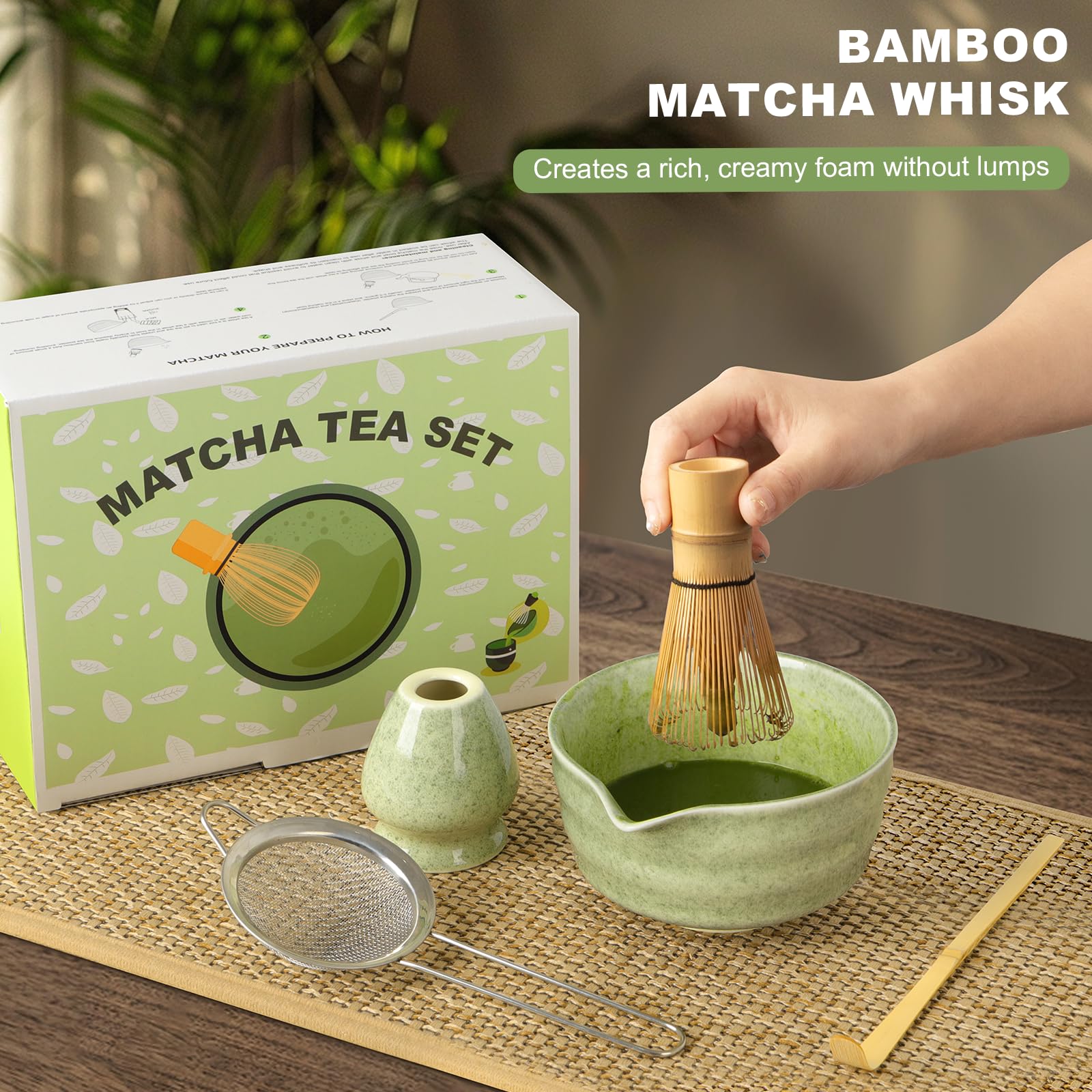Matcha Whisk Set, 5 Pcs Ceramic Matcha Set Includes Bowl with Spout, Whisk, Holder, Bamboo Scoop and Sifter, Matcha Tea Kit for Matcha Lovers, Ideal Gift for Christmas, Birthday, Green