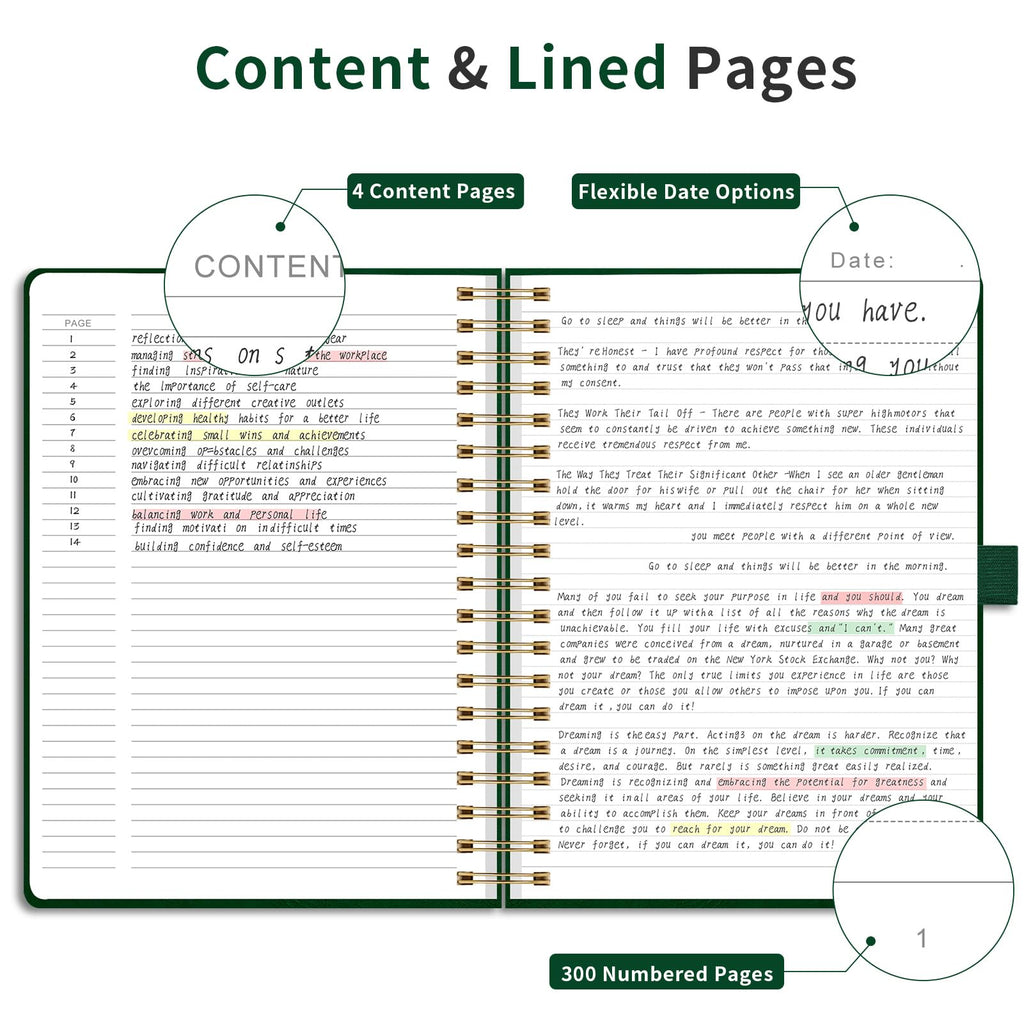 EMSHOI Lined Spiral Journal Notebook B5, 300 Numbered Pages, College Ruled Notebook, 7.48"×10.15" x 100gsm Lined Paper, Hardcover Leather Notebook for School, Work & Note Writing - Dark Green