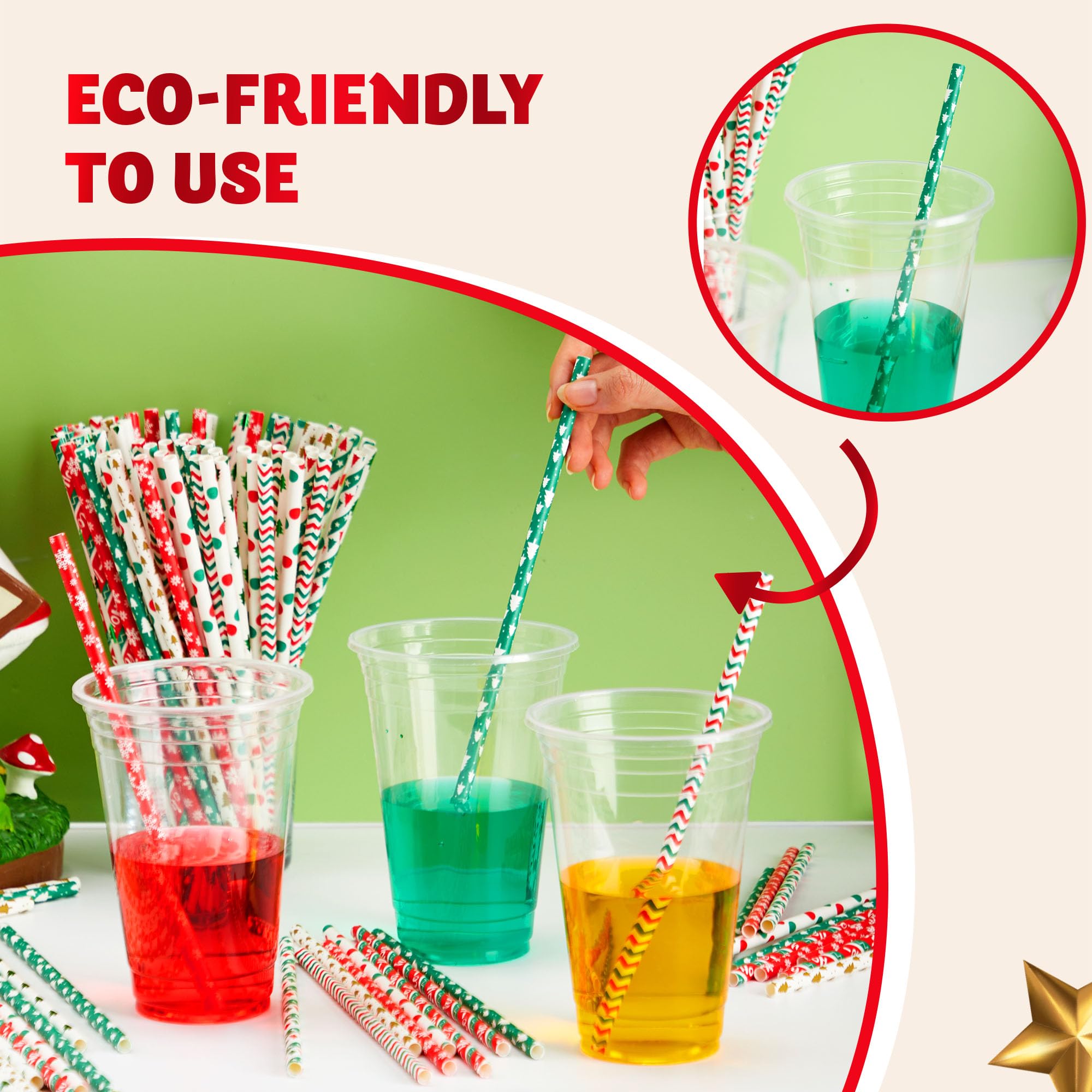 JOYIN 200 Pcs Christmas Disposable Paper Straws Colorful for Drinkware Party Decoration