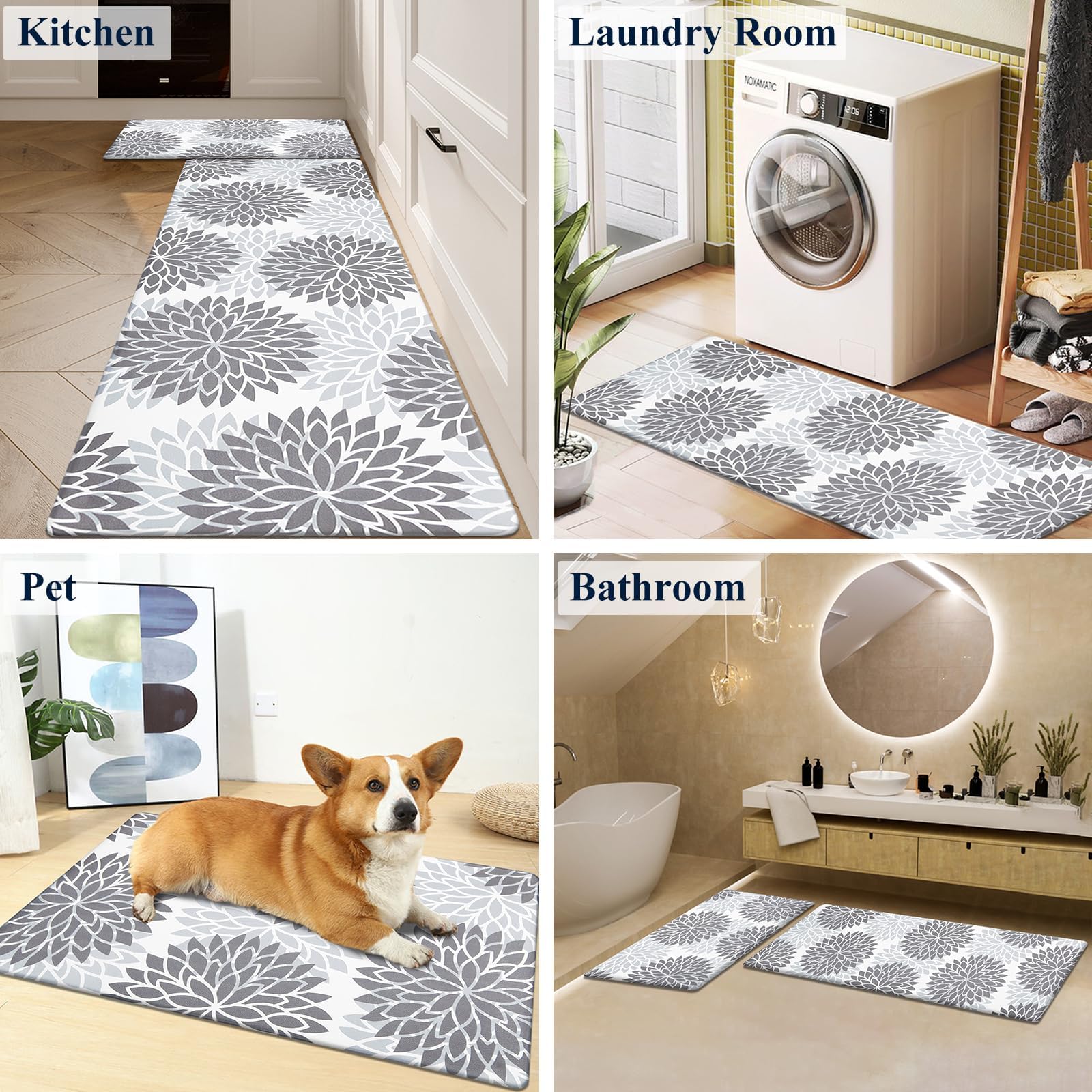 HEBE Anti Fatigue Kitchen Rug Sets 2 Piece Non Skid Kitchen Floor Mats 17"x48"+17"x28" Cushioned Comfort Standing Mat Waterproof Kitchen Runner Mats