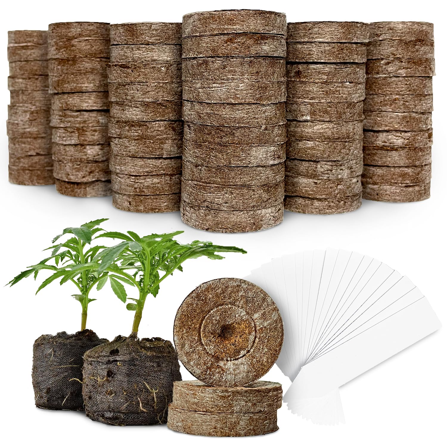 50 Count - Jiffy-7 Organic Peat Pellets with 10 Plant Labels, 42mm, Biodegradable Cornstarch Netting - Sproutlike