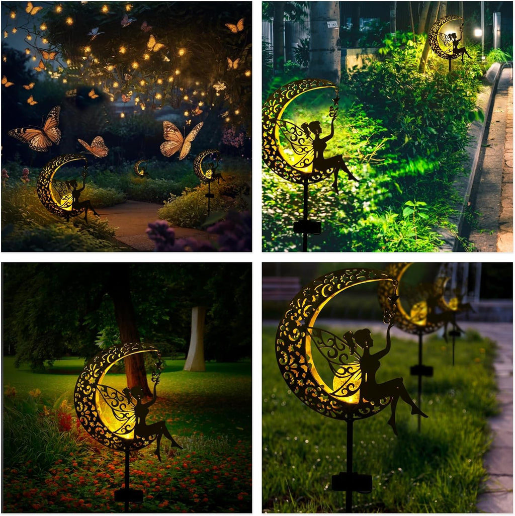 Fohil Solar Garden Lights Outdoor, Metal Fairy Moon Glass Globe Pathway Stake Solar Light Decor, Waterproof Solar Decorative Lights for Garden, Walkway, Yard, Lawn, Patio, Courtyard