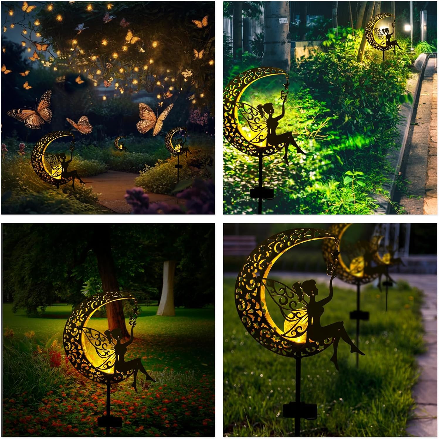 Fohil Solar Garden Lights Outdoor, Metal Fairy Moon Glass Globe Pathway Stake Solar Light Decor, Waterproof Solar Decorative Lights for Garden, Walkway, Yard, Lawn, Patio, Courtyard