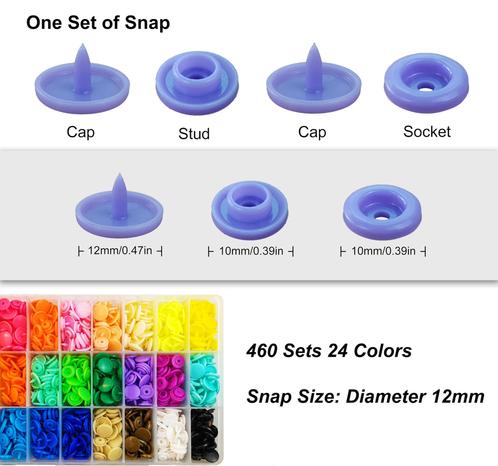 ChaliGoo 460 Sets T5 Plastic Snap Fasteners with Upgraded Pink Pliers, 24 Colors Snap Buttons Press Studs, Poppers Fasteners Kit for Sewing, Crafting - 12mm