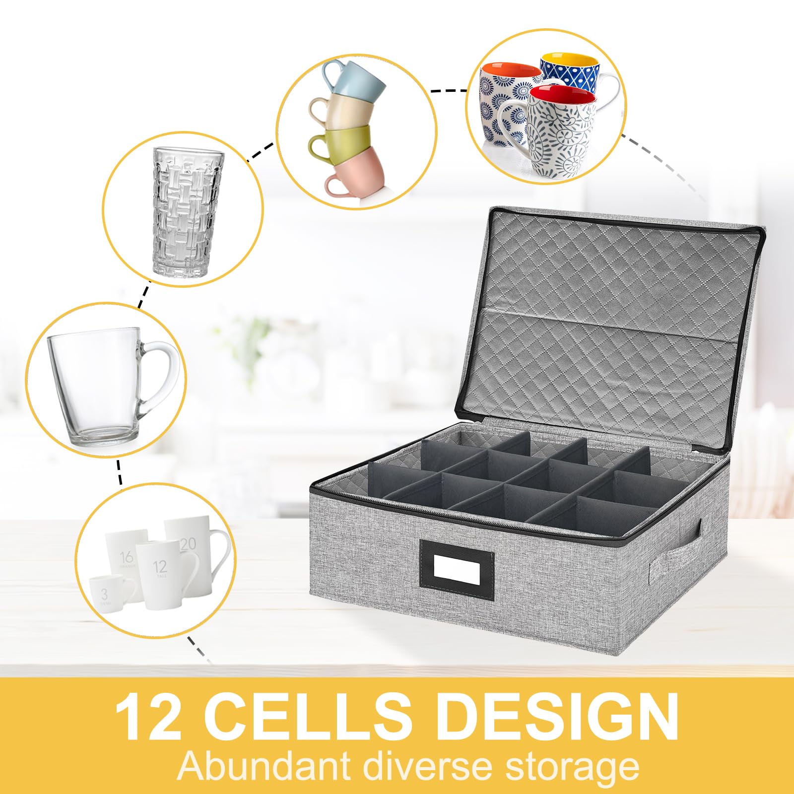 Coffee Mug Storage Box with Dividers, Durable China Storage Containers for Coffee Mugs, Tea Cups Storage Organizer with Lid, Handles, Label Window, Holds 12 Mugs, Hard Shell and Stackable
