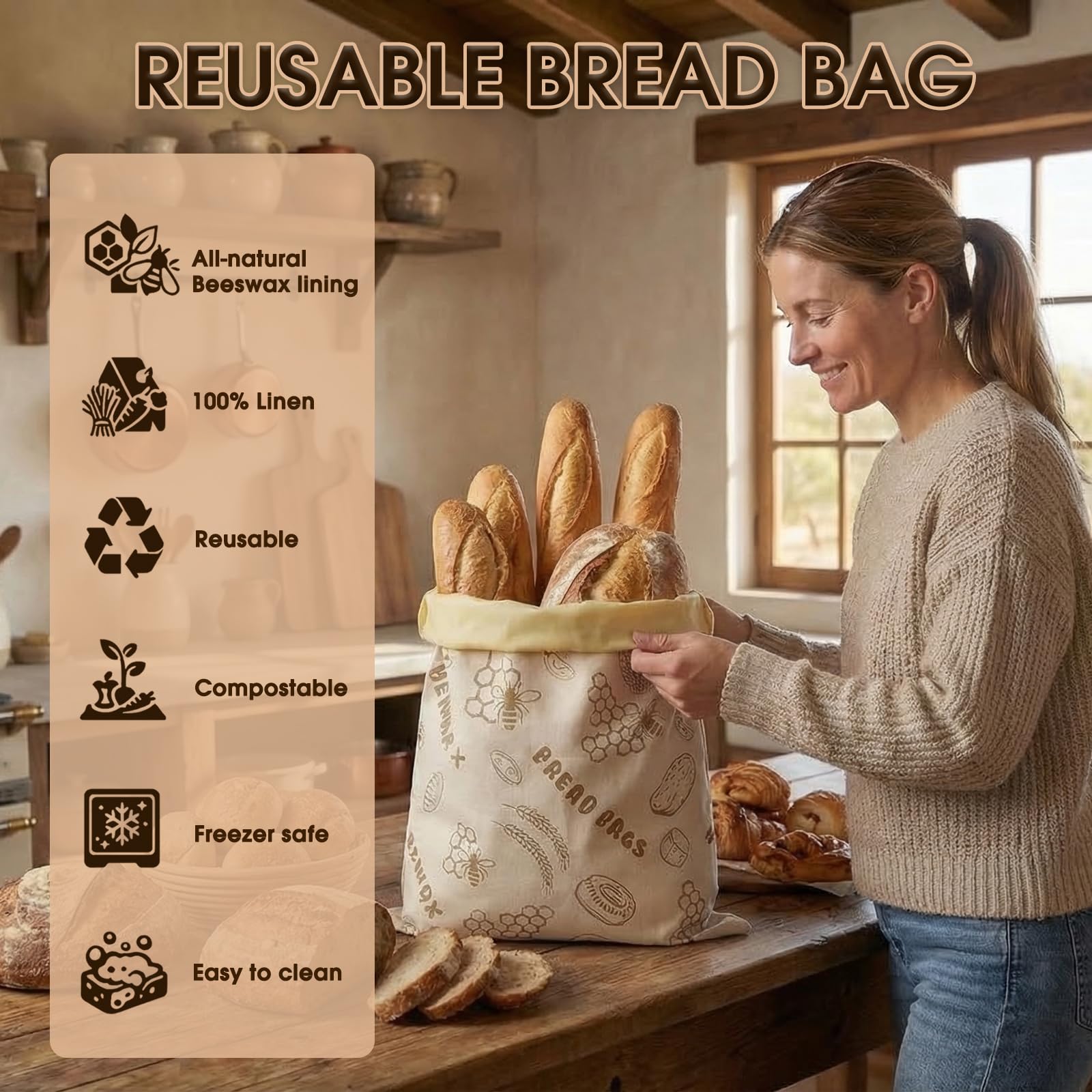 VrEnduuo 2 Pack Reusable Bread Bag, Beeswax Bread Bags for Homemade Sourdough Bread,Easy to Clean Cotton Food Storage Cloth Bag,Freezer-Friendly Keeps Fresh Longer XL 17"×12" (Honeycomb Design)