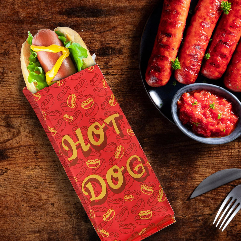 Yarlung 200 Pack Hot Dog Bags Grease-proof Food Wrapper, Warming Aluminum Foil Wrap Paper Sleeves Retain Heat for Popcorn, Sausages, Snack Bars, Food Trucks, Carnival, 9.5x3.5x1.5 Inches