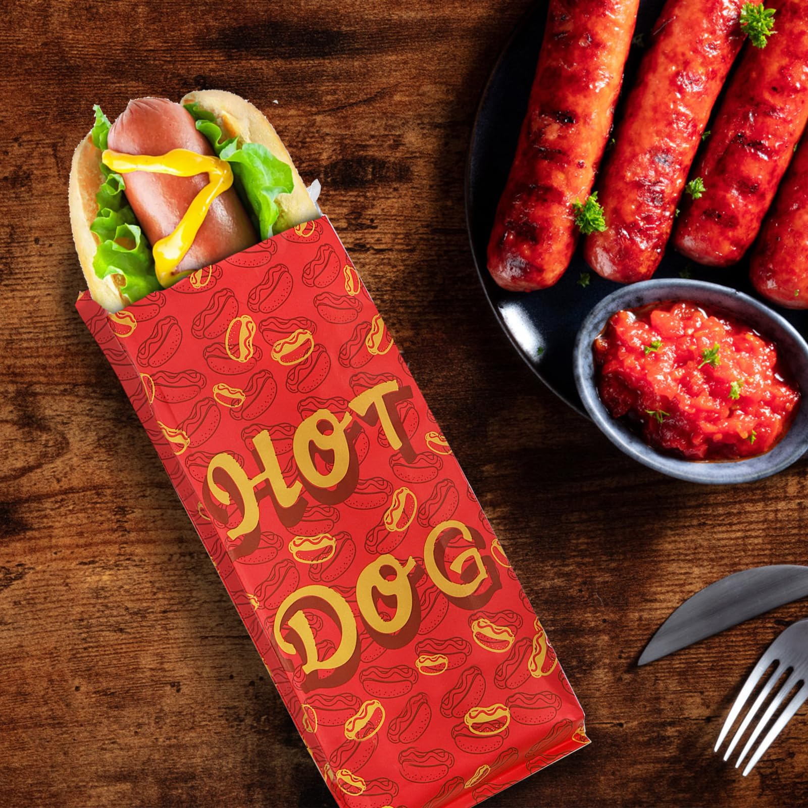 Yarlung 200 Pack Hot Dog Bags Grease-proof Food Wrapper, Warming Aluminum Foil Wrap Paper Sleeves Retain Heat for Popcorn, Sausages, Snack Bars, Food Trucks, Carnival, 9.5x3.5x1.5 Inches