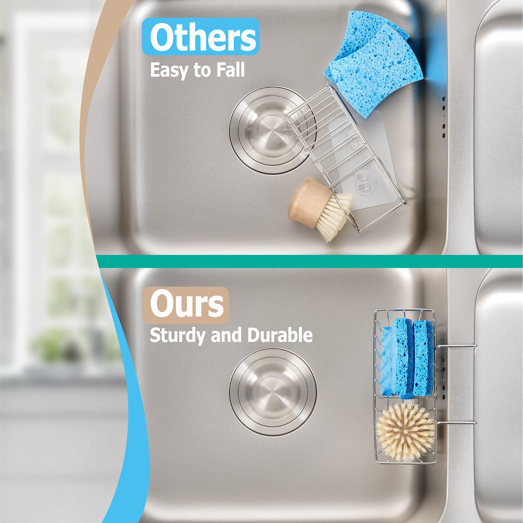 Damita Kitchen Sponge Holder Sink Basket Sink Caddy Brush Dishwashing Liquid Drainer Rack Silver Medium (6.7" x 4.5" x 4.5")