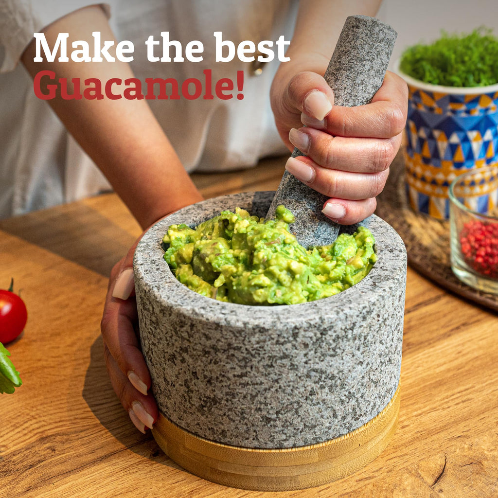 Heavy Duty Mortar and Pestle Set with Bamboo Base, Large 2 Cups, 100% Natural Granite Mortar and Pestle Large Stone Grinder Bowl, Molcajete Bowl, Masher Guacamole Bowls, Unpolished Grey