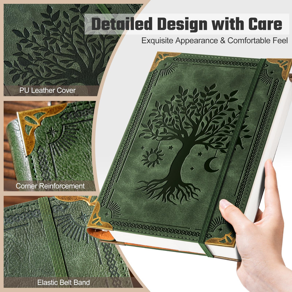 Ovesmusl PU Leather A5 Binder 6 Ring Refillable Journal 100 GSM 240 Pages Refill Paper Include A5 Planner Binder Loose Leaf Binder Notebook 5.7”x8.3”, Green Tree
