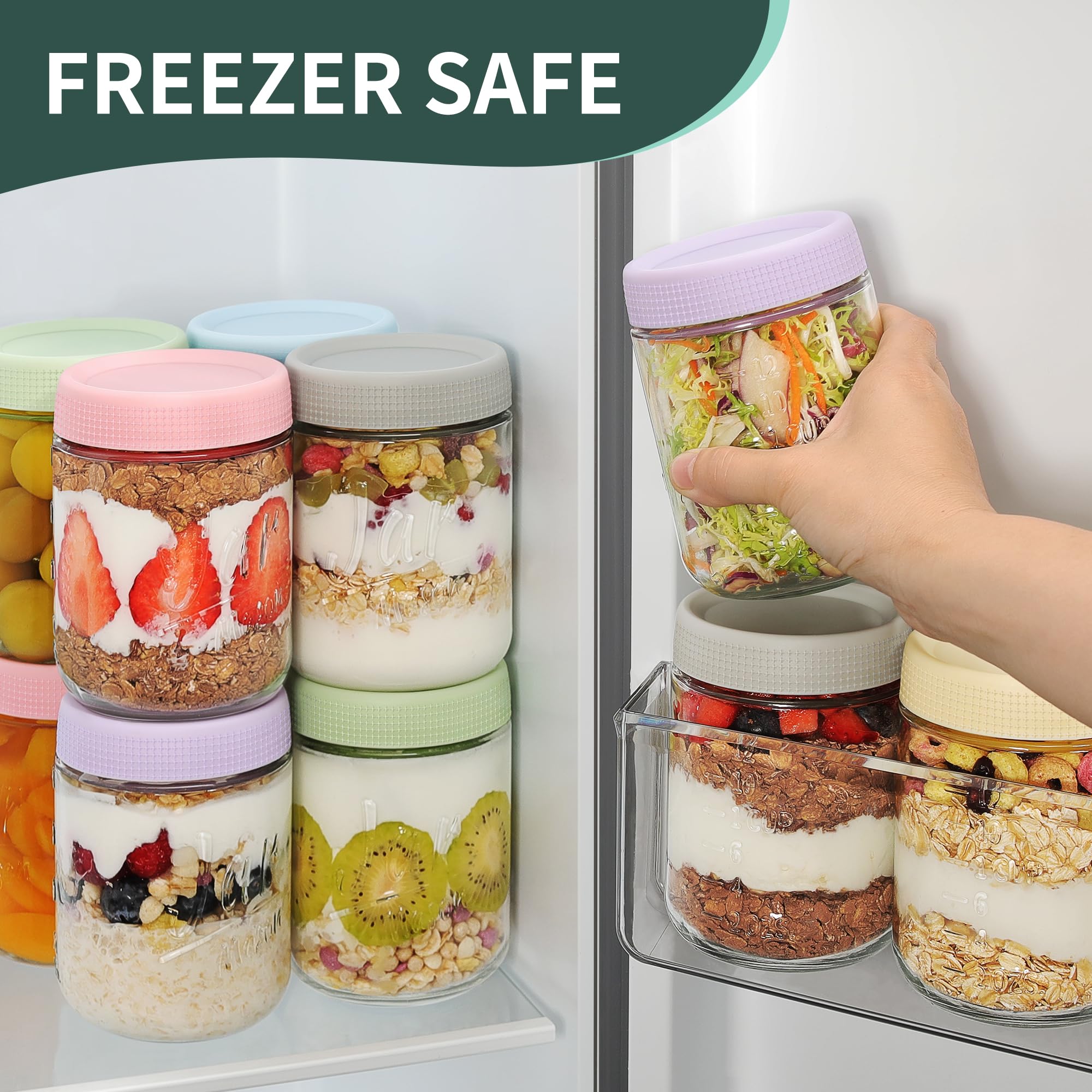 Xyptorix 6-Pack 16oz Overnight Oats Containers with Airtight Lids - Glass Mason Jars with Measurement Marks for Yogurt, Meal Prep & Chia Pudding, Stackable & Leakproof